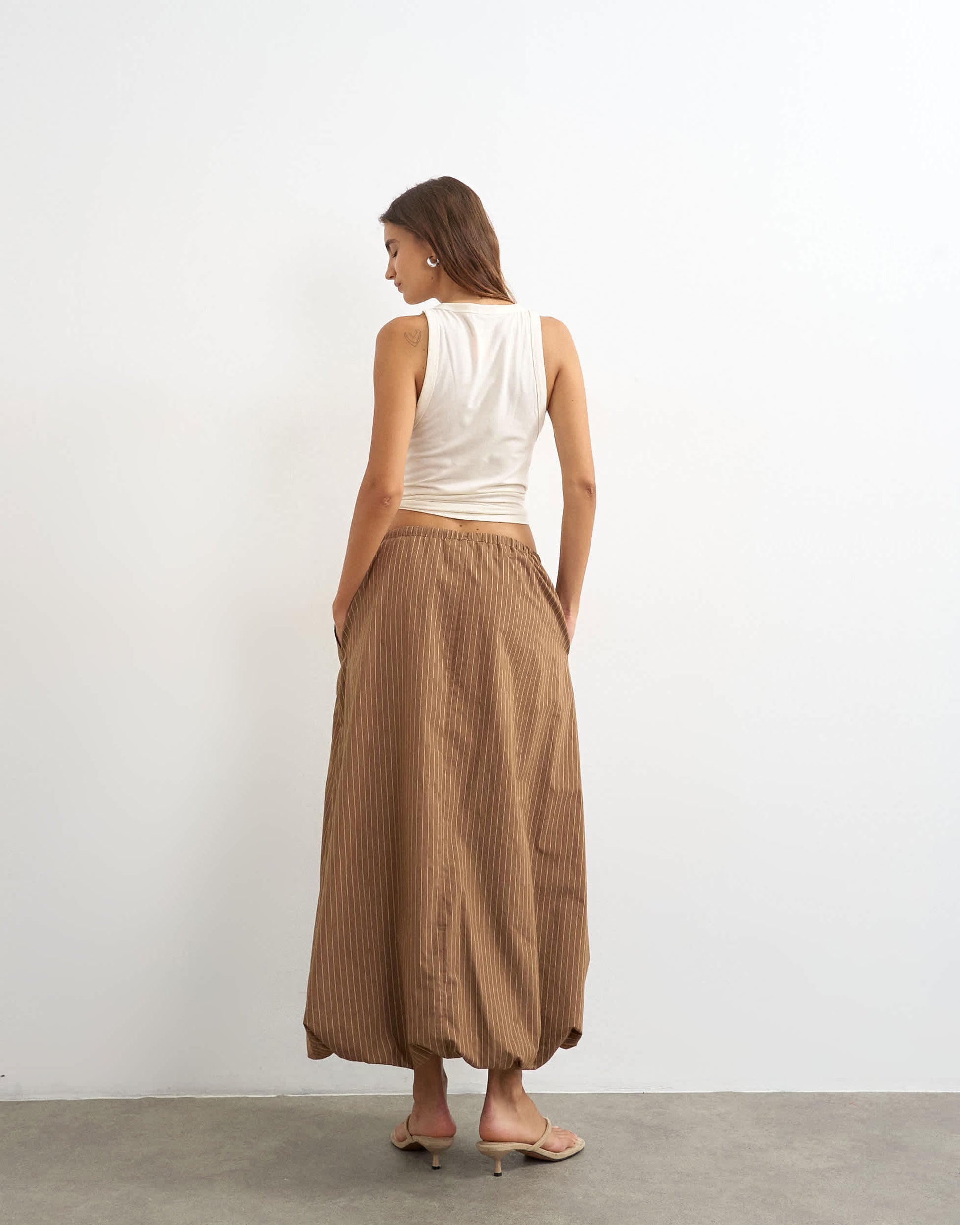 Topshop poplin bubble hem maxi skirt in chocolate stripe