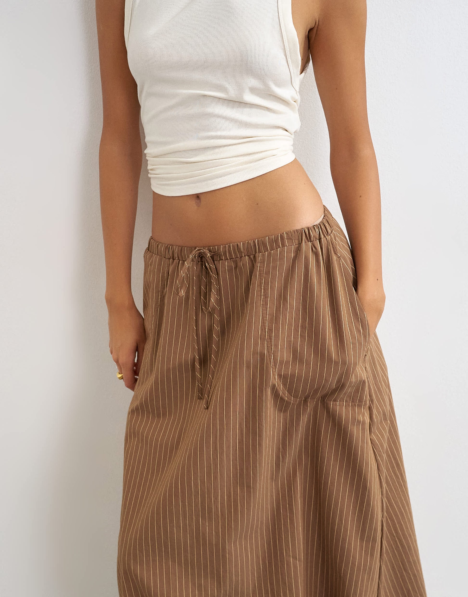 Topshop poplin bubble hem maxi skirt in chocolate stripe
