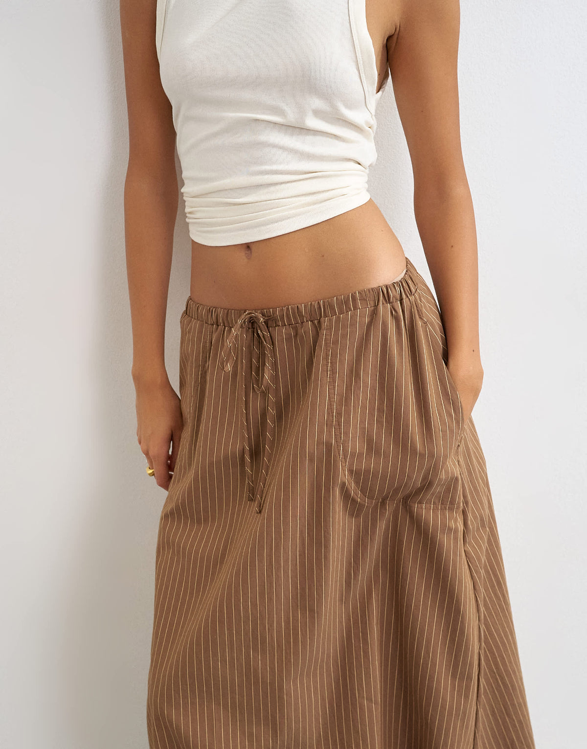 Topshop poplin bubble hem maxi skirt in chocolate stripe
