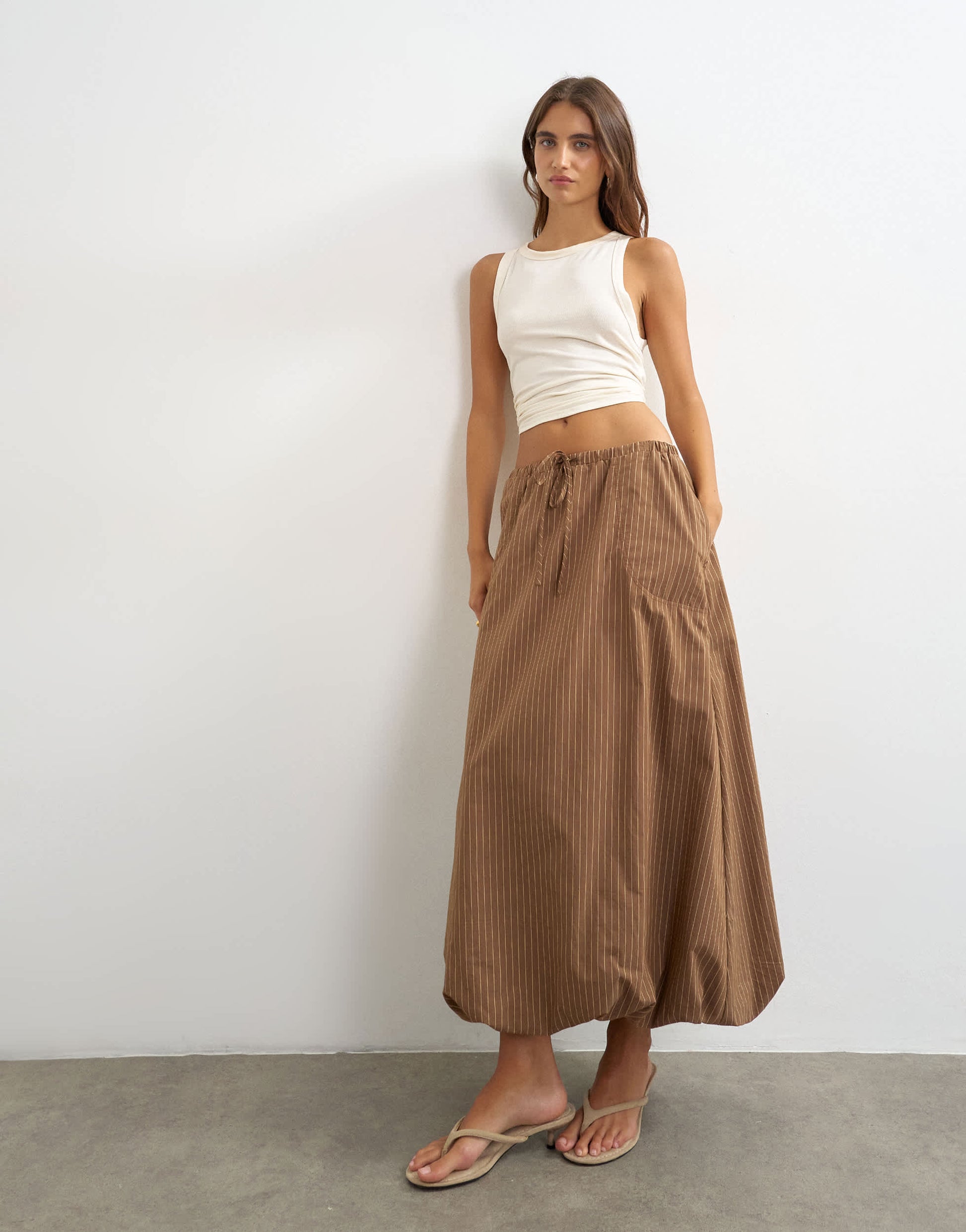 Topshop poplin bubble hem maxi skirt in chocolate stripe