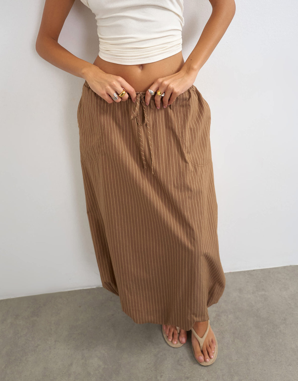 Topshop poplin bubble hem maxi skirt in chocolate stripe