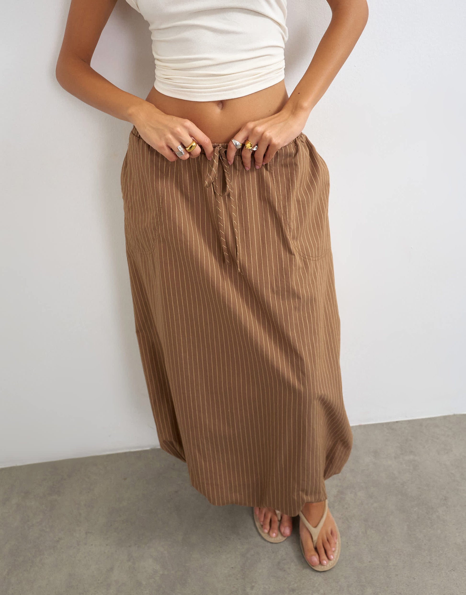 Topshop poplin bubble hem maxi skirt in chocolate stripe