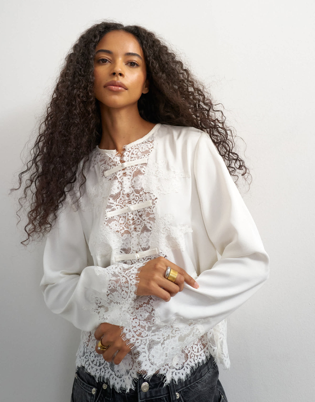 Topshop satin lace applique blouse in ivory