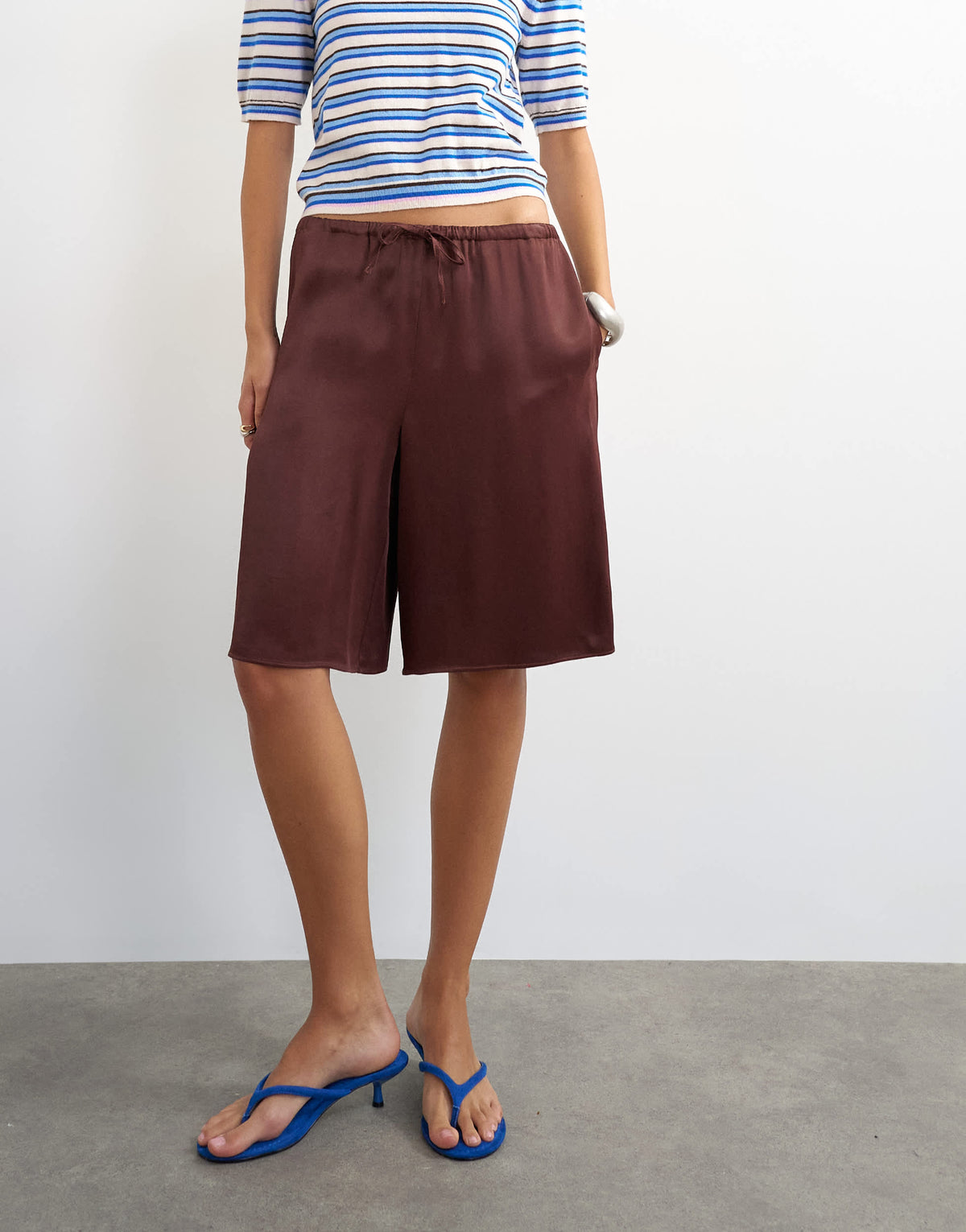 Topshop satin longline bermuda shorts in chocolate