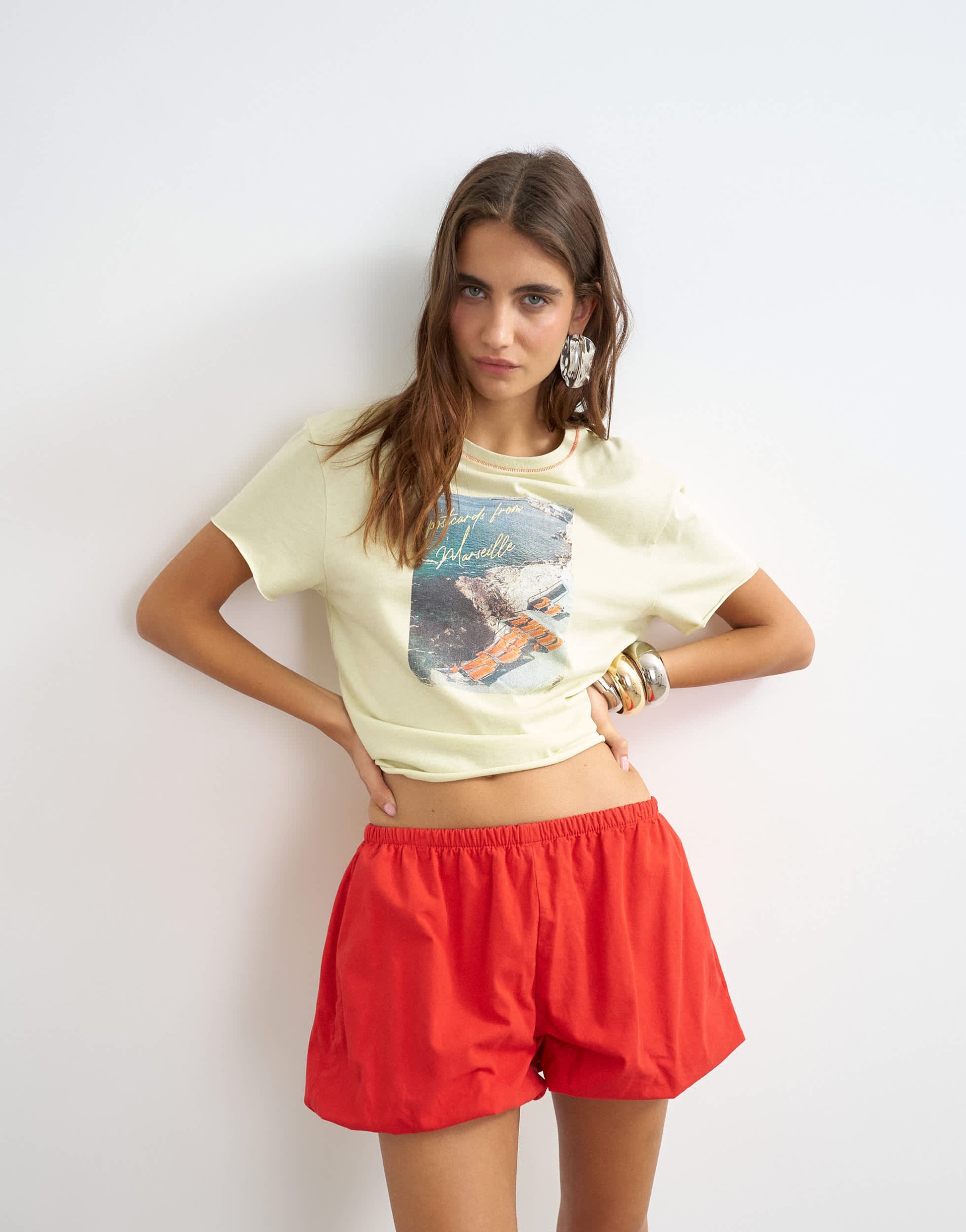 Topshop poplin bubble short in red