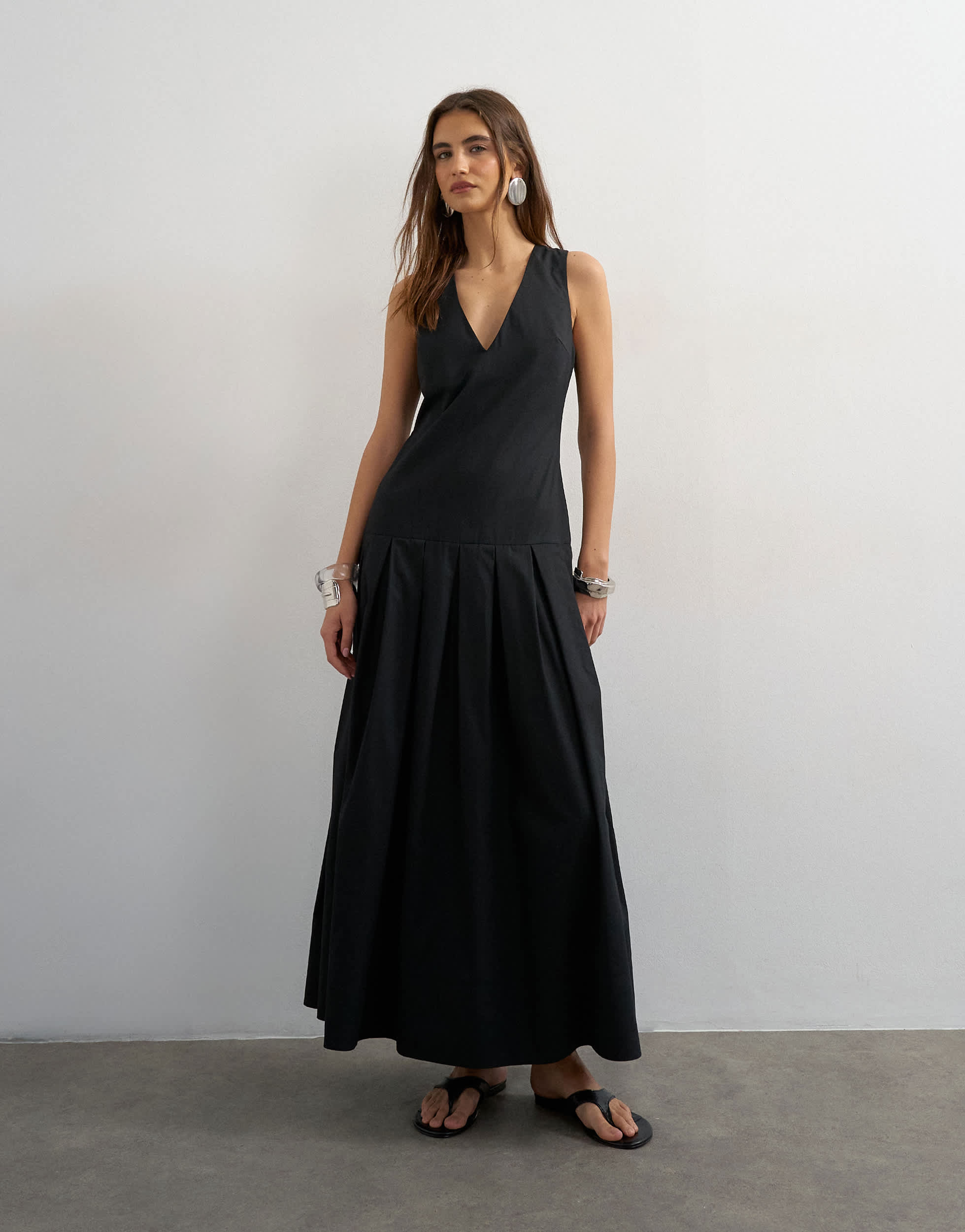 Topshop poplin structured dropped waist maxi dress in black