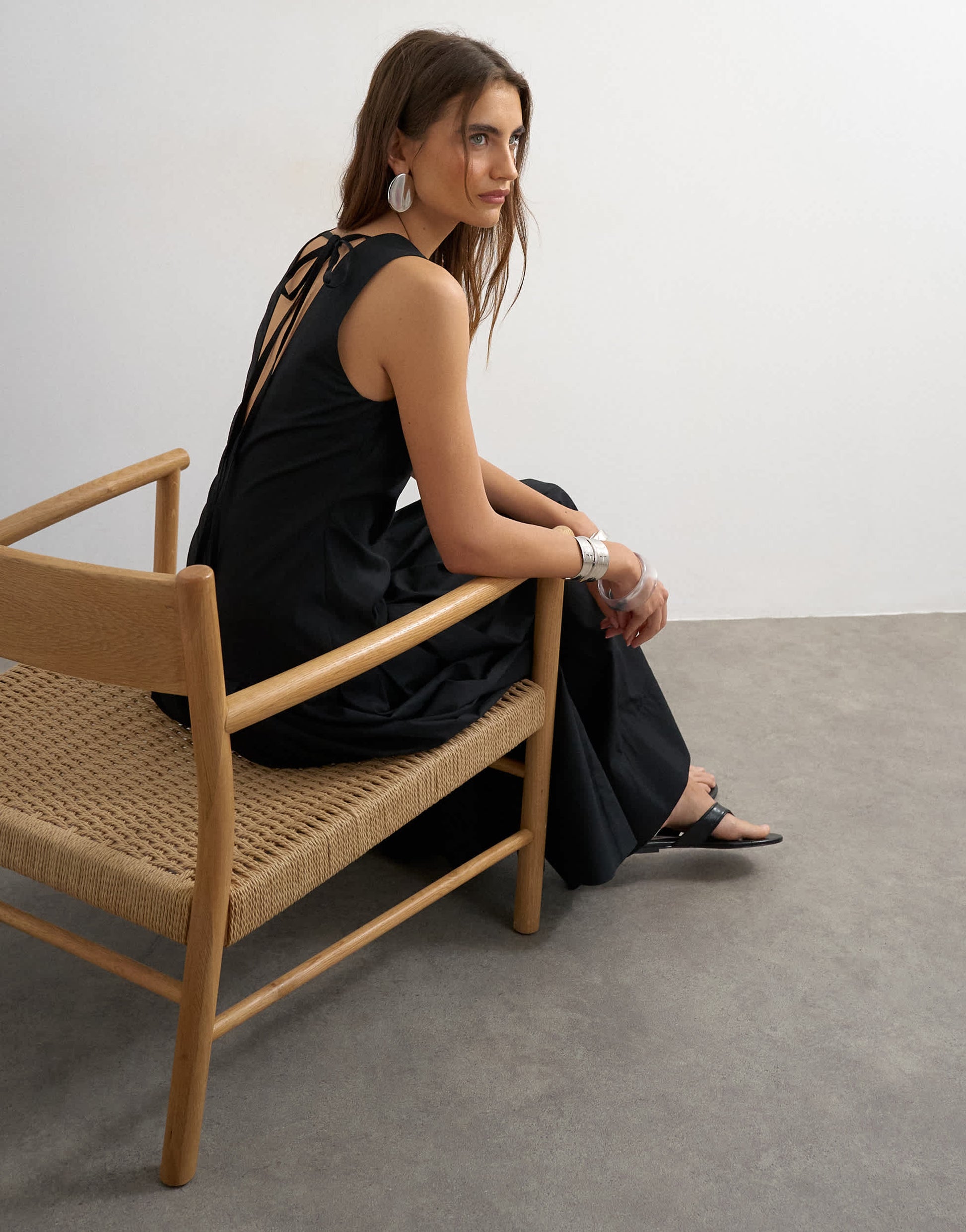 Topshop poplin structured dropped waist maxi dress in black