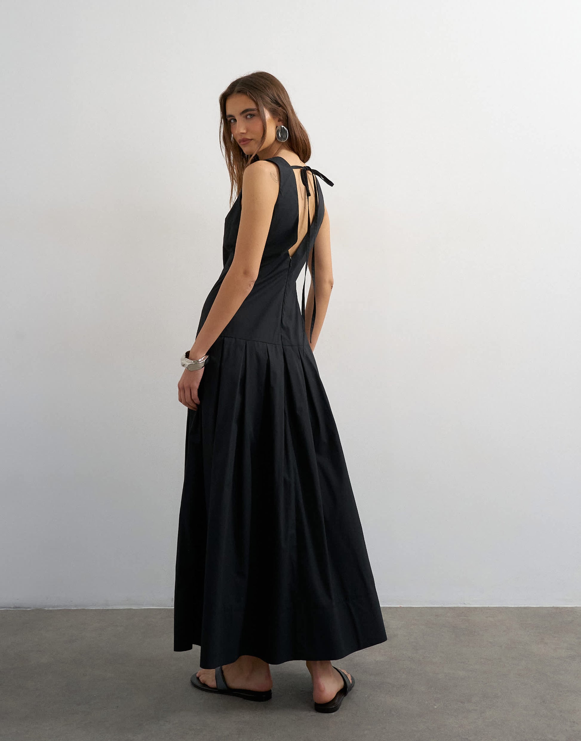 Topshop poplin structured dropped waist maxi dress in black