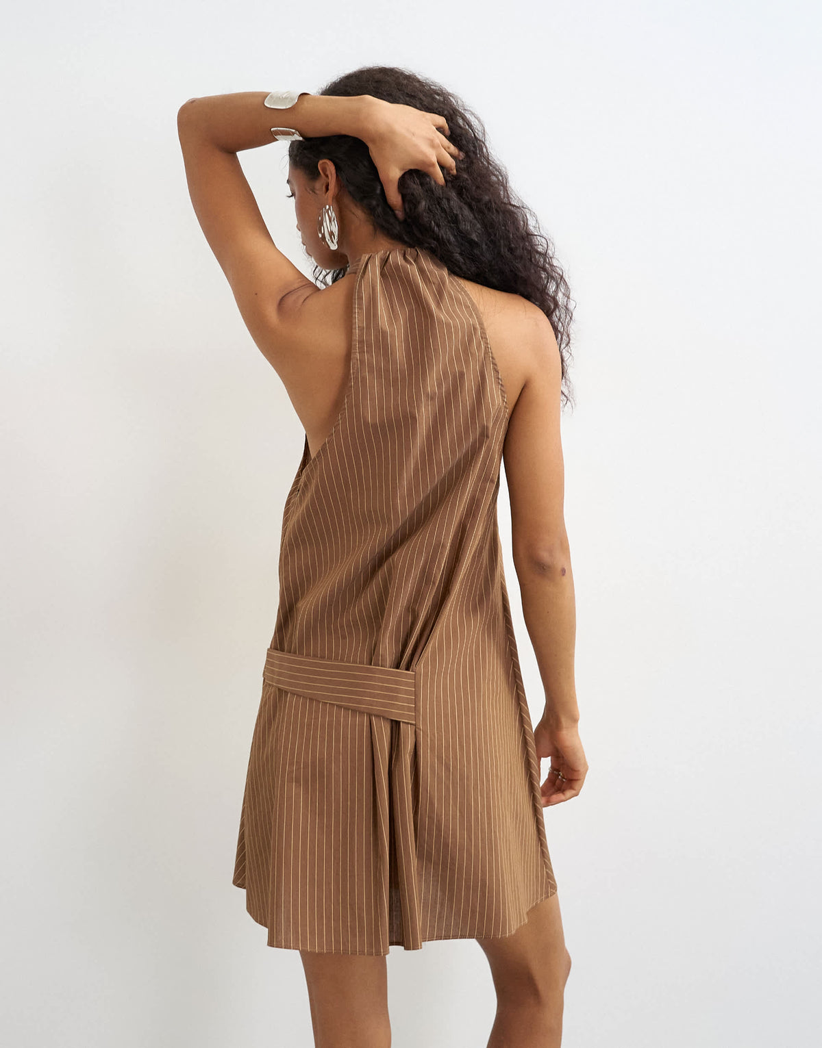 Topshop halter gathered side mini dress with tab detail in brown woven stripe