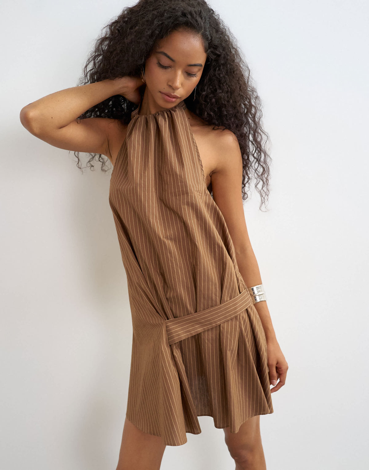 Topshop halter gathered side mini dress with tab detail in brown woven stripe