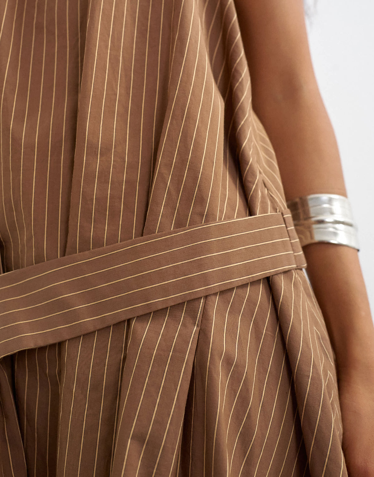Topshop halter gathered side mini dress with tab detail in brown woven stripe