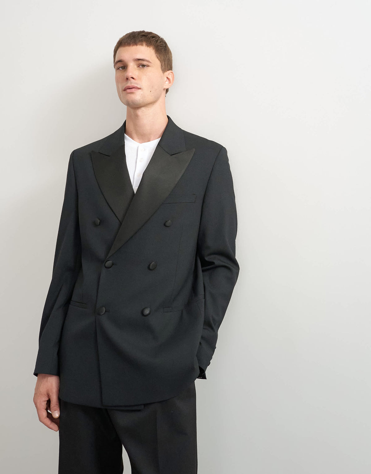 Topman relaxed fit double breasted tuxedo blazer in black