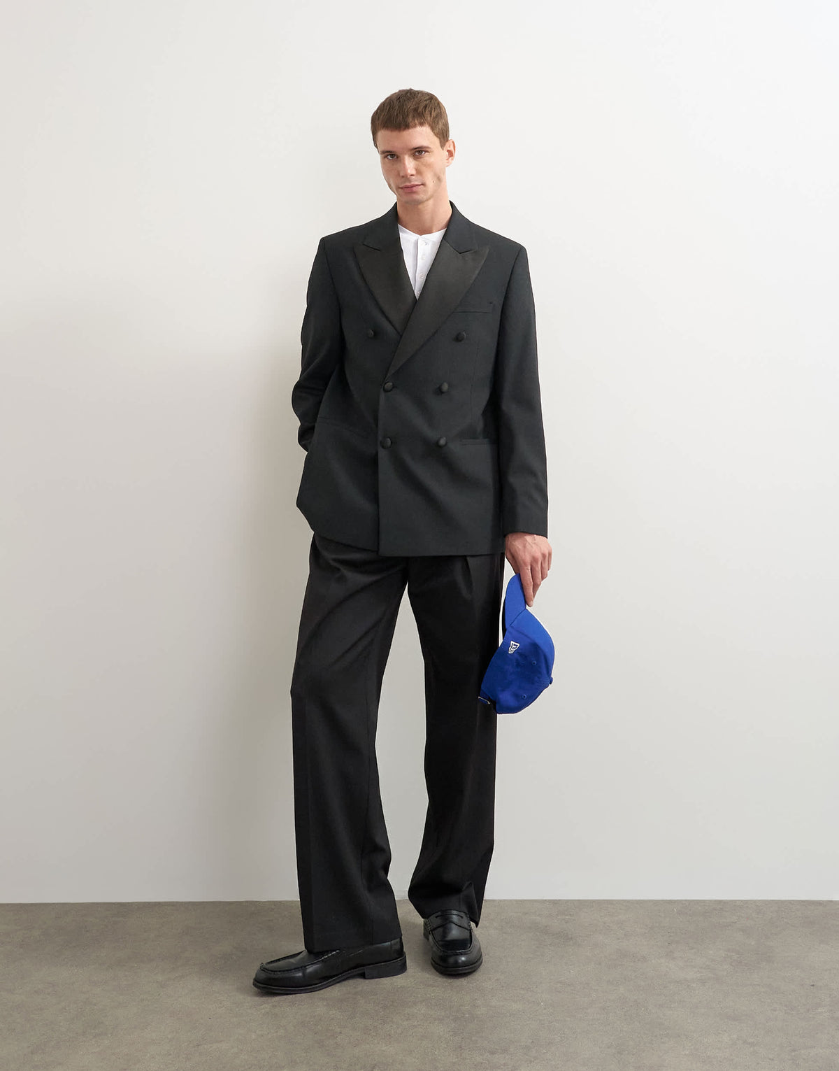 Topman relaxed fit double breasted tuxedo blazer in black