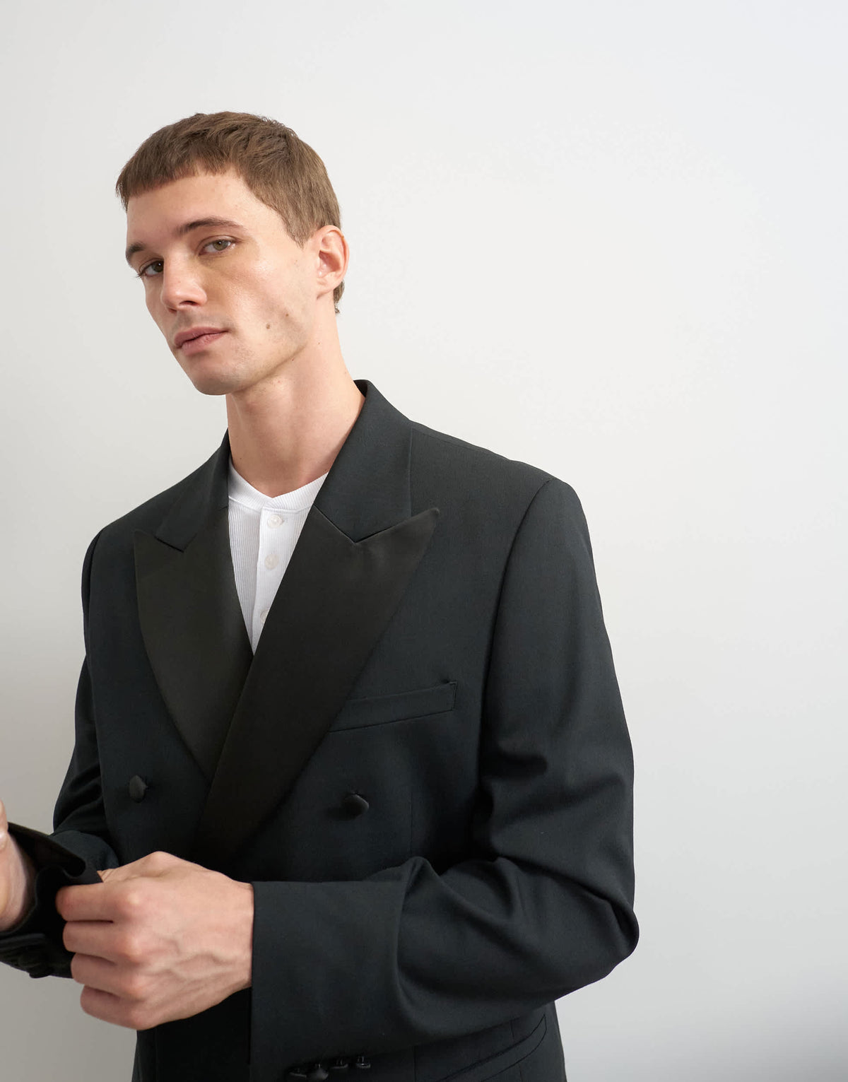 Topman relaxed fit double breasted tuxedo blazer in black