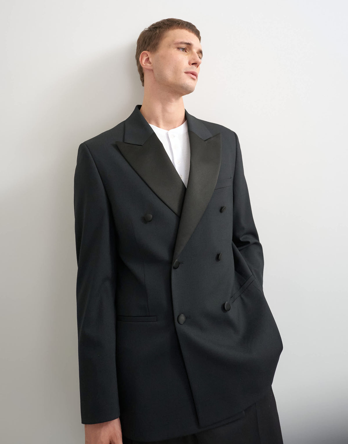 Topman relaxed fit double breasted tuxedo blazer in black