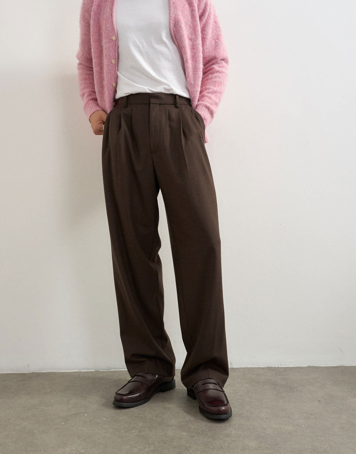 Topman wide leg puppytooth trouser with triple pleats in brown