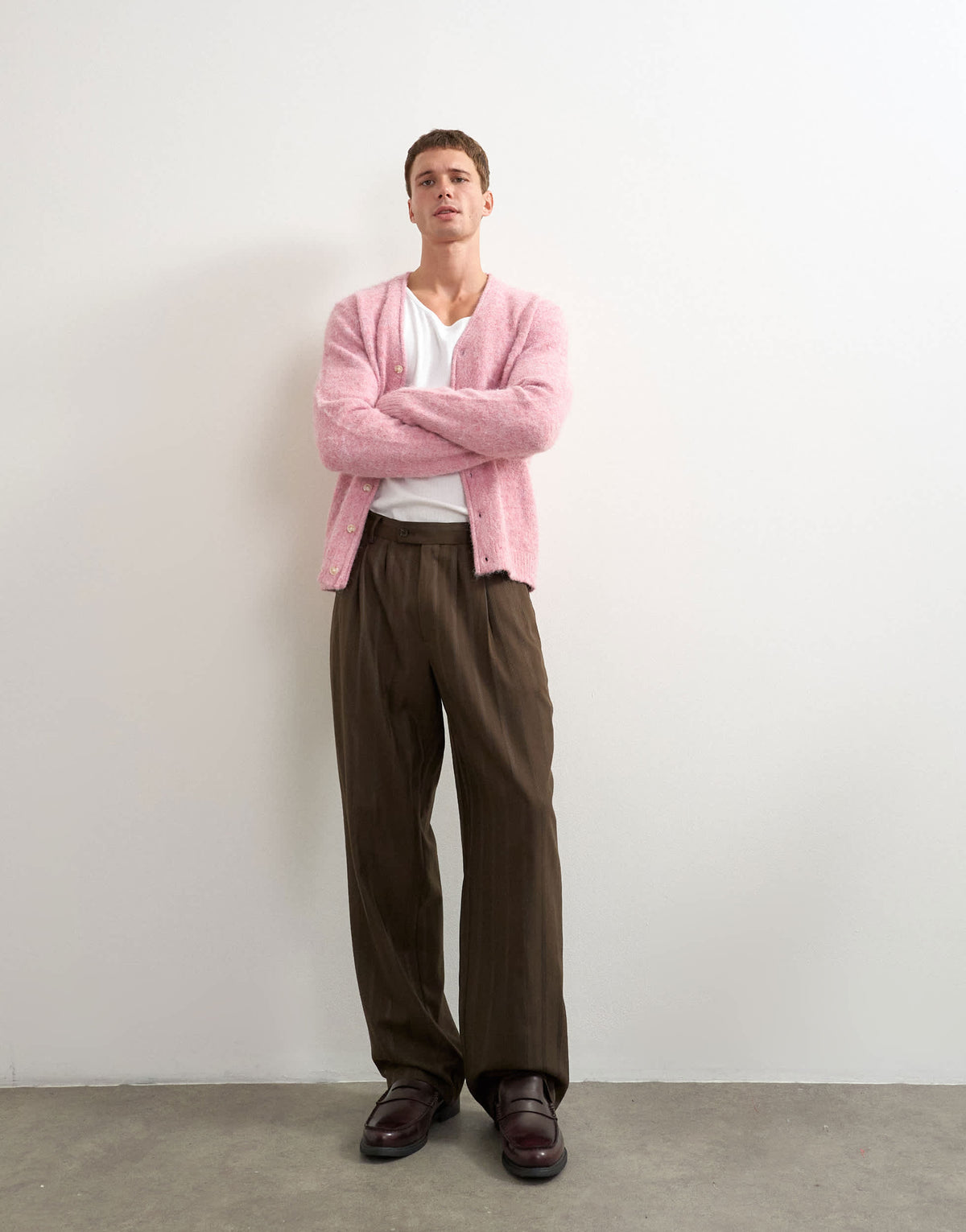 Topman wide leg stripe trouser with pleats in chocolate brown