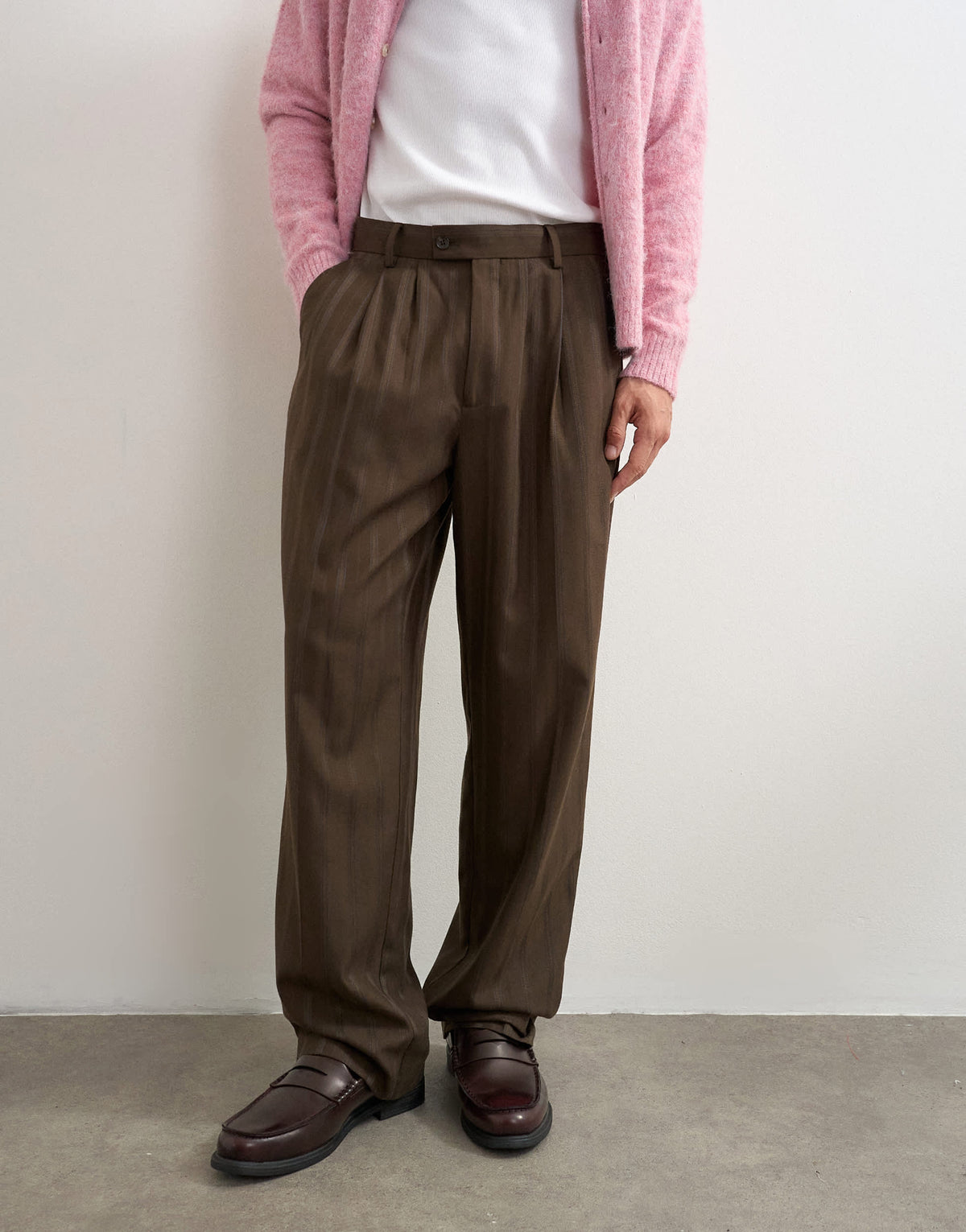 Topman wide leg stripe trouser with pleats in chocolate brown