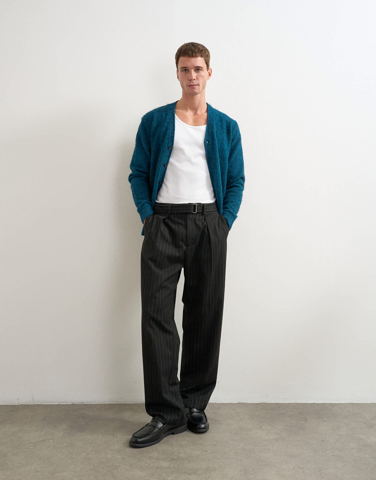 Topman wide leg belted pinstripe trouser with pleats in black