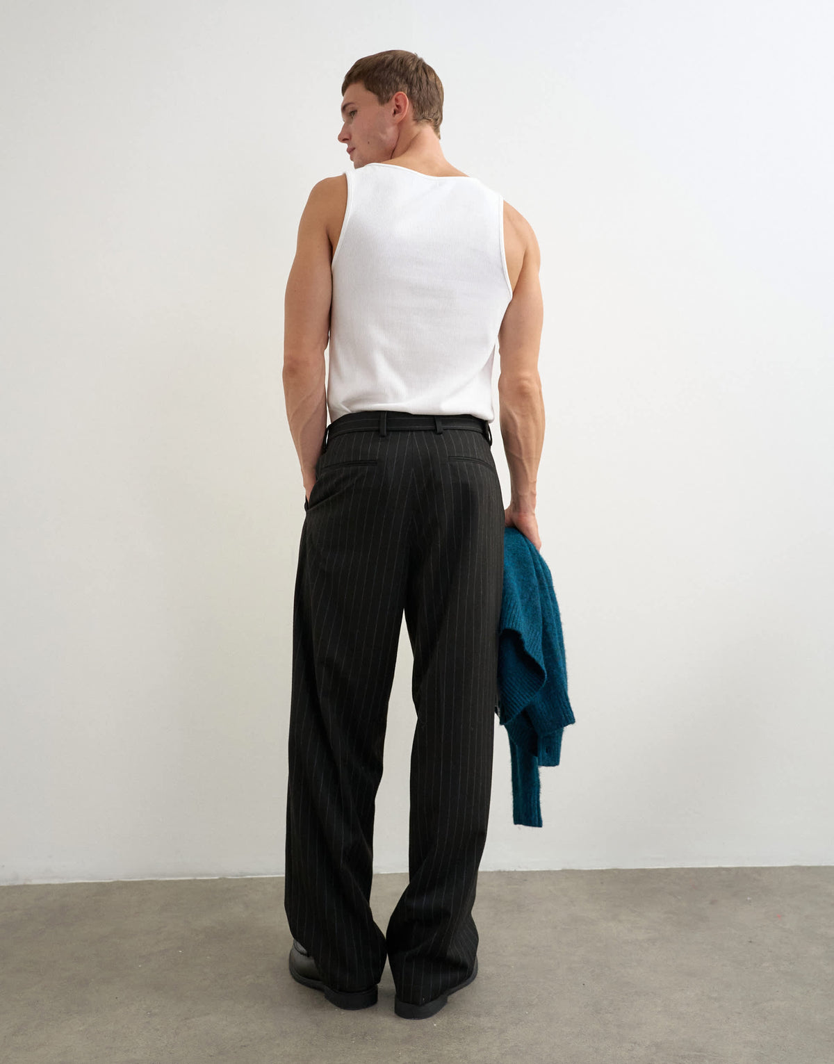 Topman wide leg belted pinstripe trouser with pleats in black