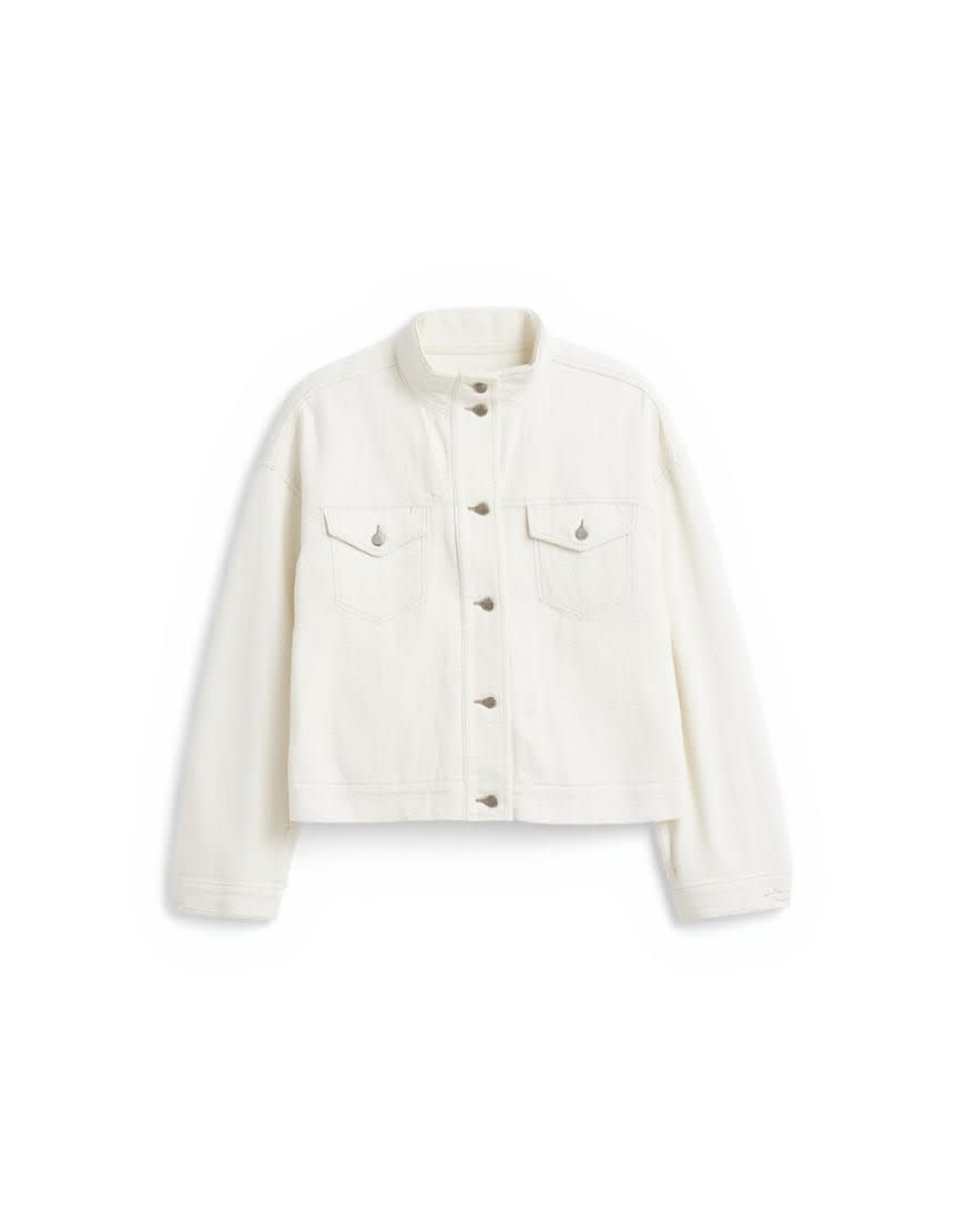 Topshop denim funnel neck elastic waist jacket in distressed ecru