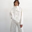 Topshop denim funnel neck elastic waist jacket in distressed ecru