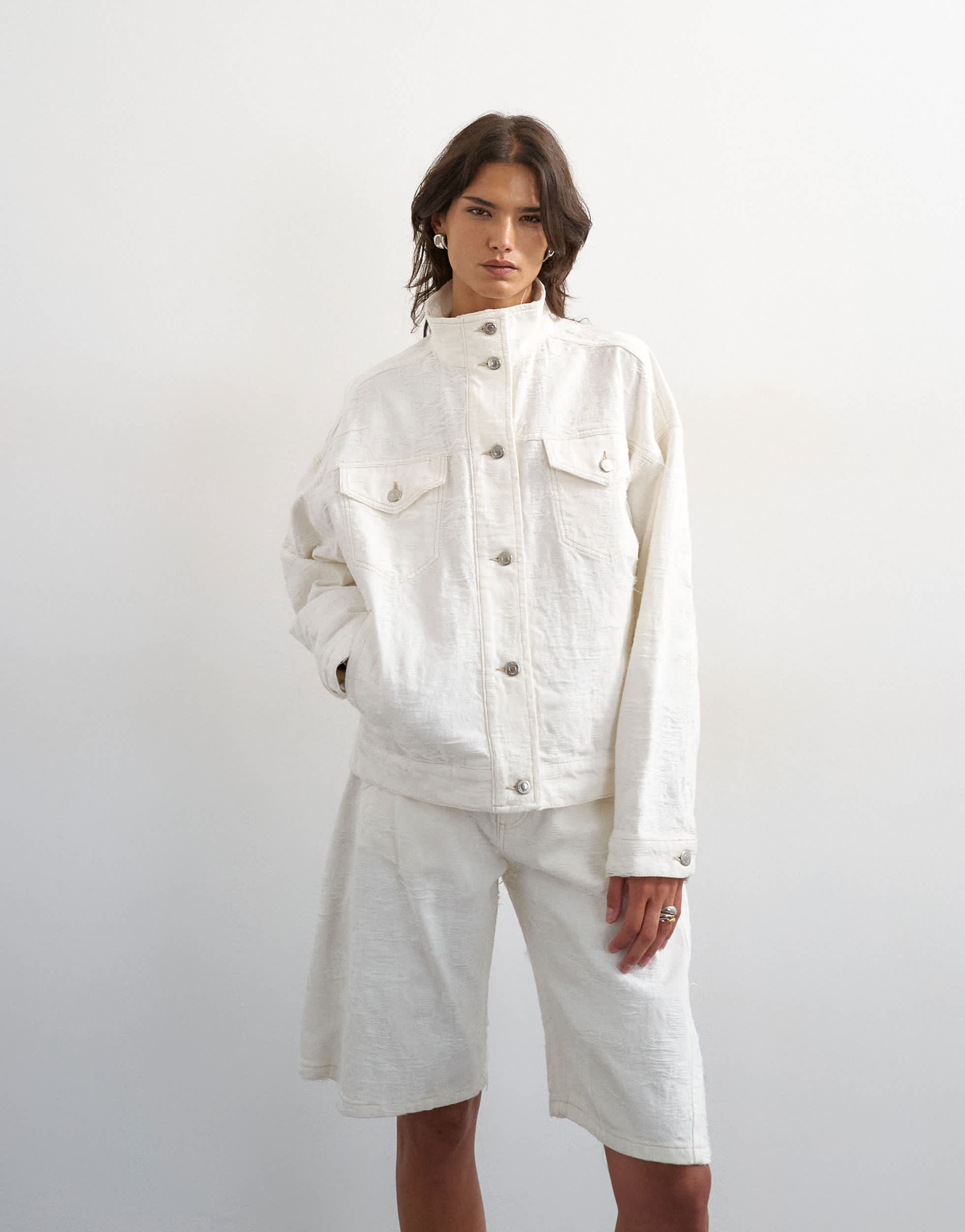 Topshop denim funnel neck elastic waist jacket in distressed ecru