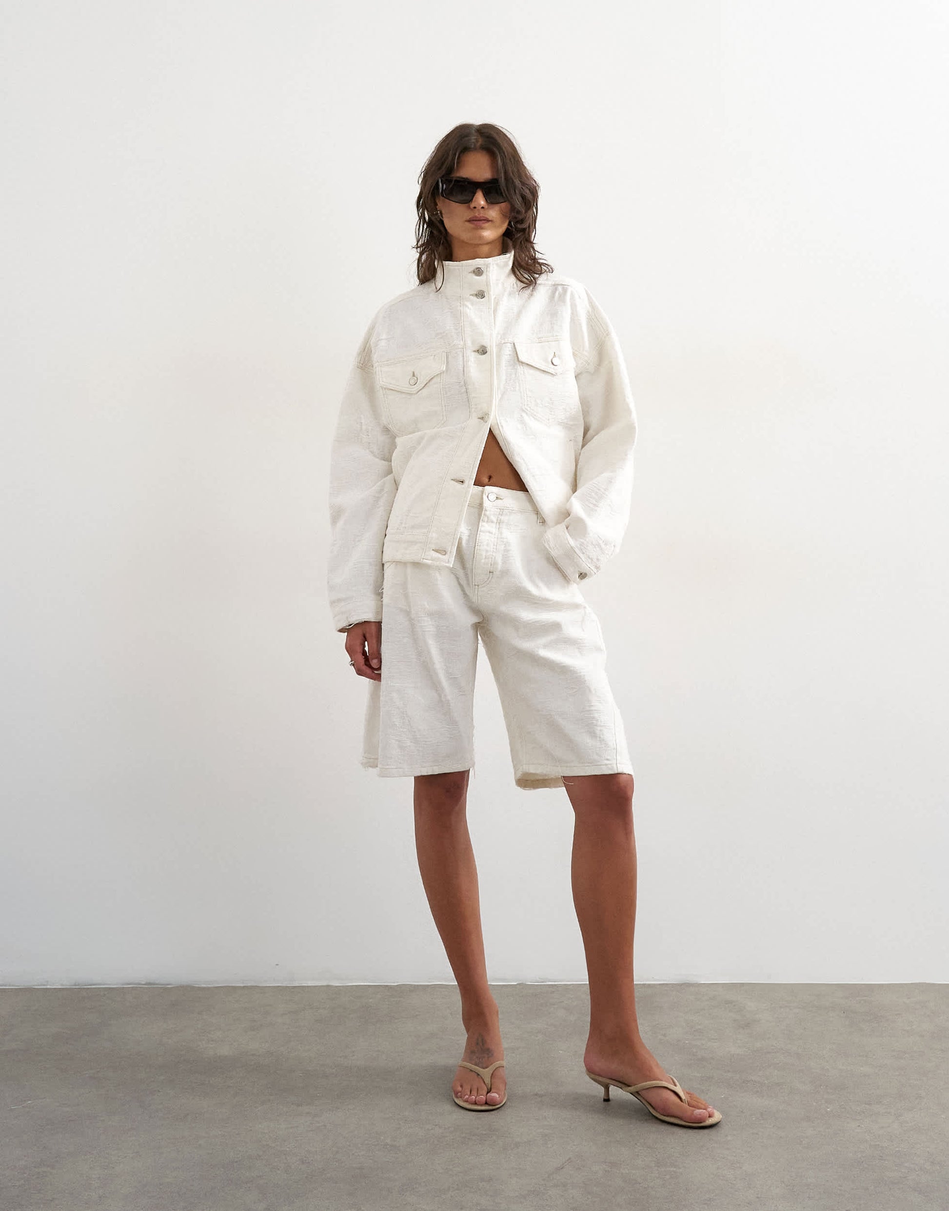 Topshop denim funnel neck elastic waist jacket in distressed ecru