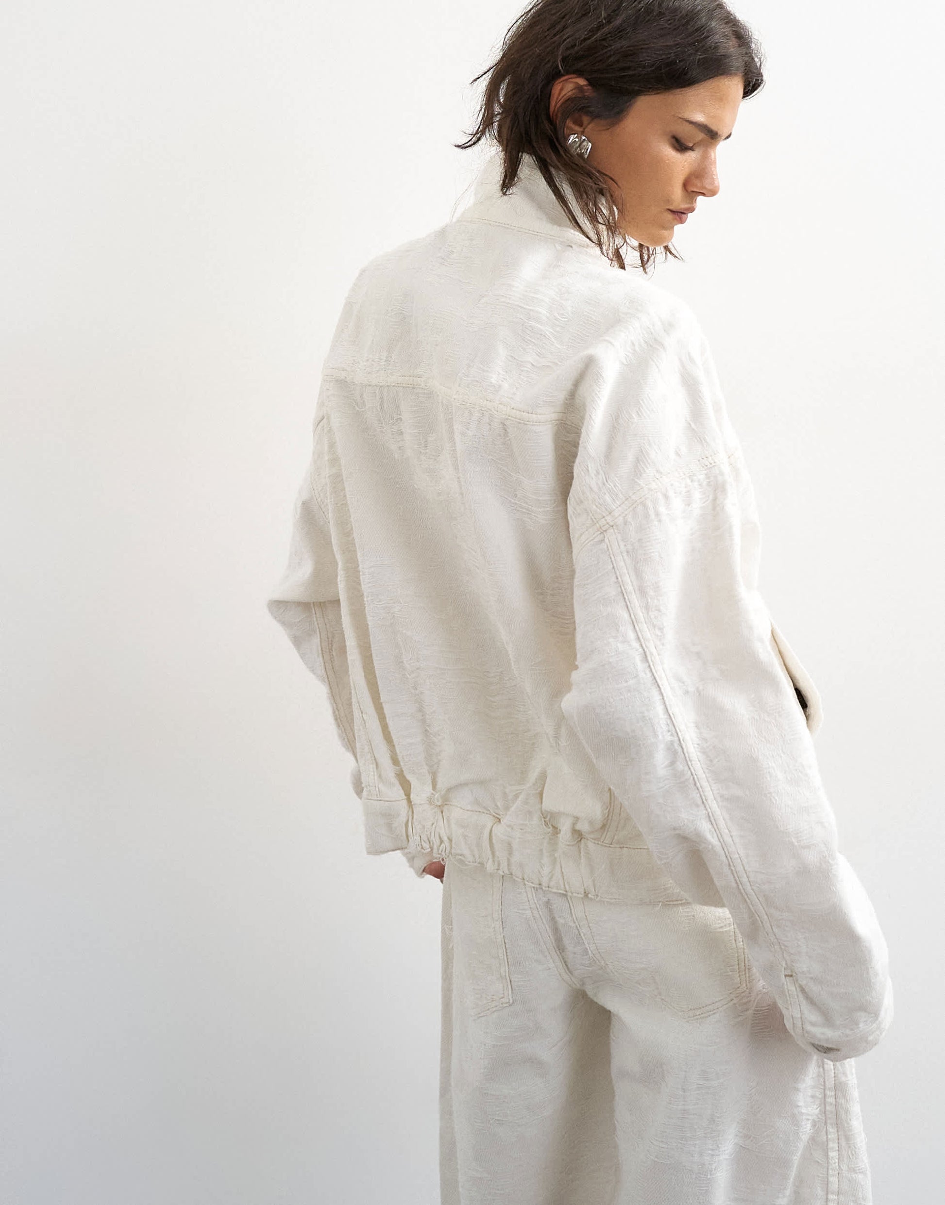 Topshop denim funnel neck elastic waist jacket in distressed ecru