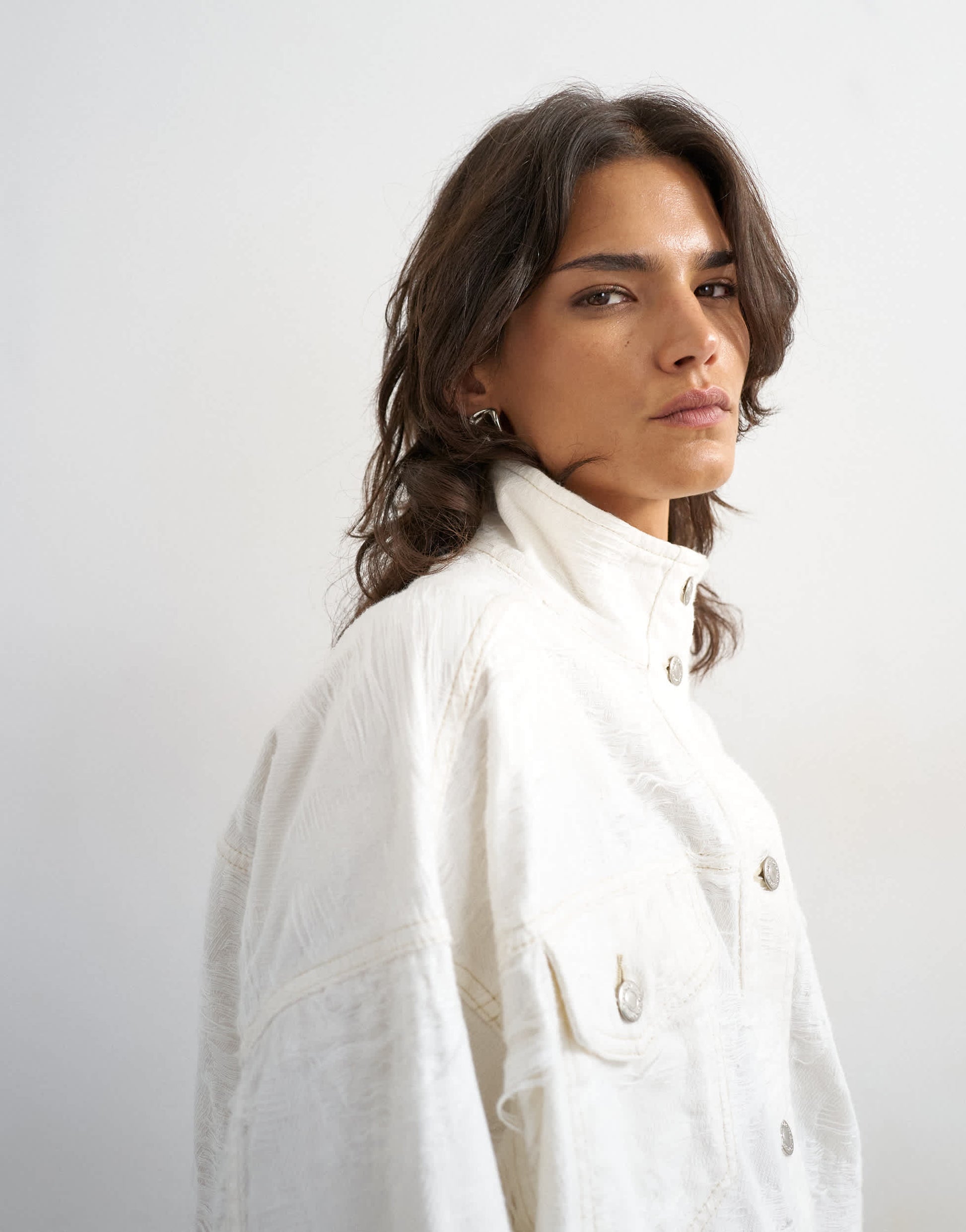 Topshop denim funnel neck elastic waist jacket in distressed ecru