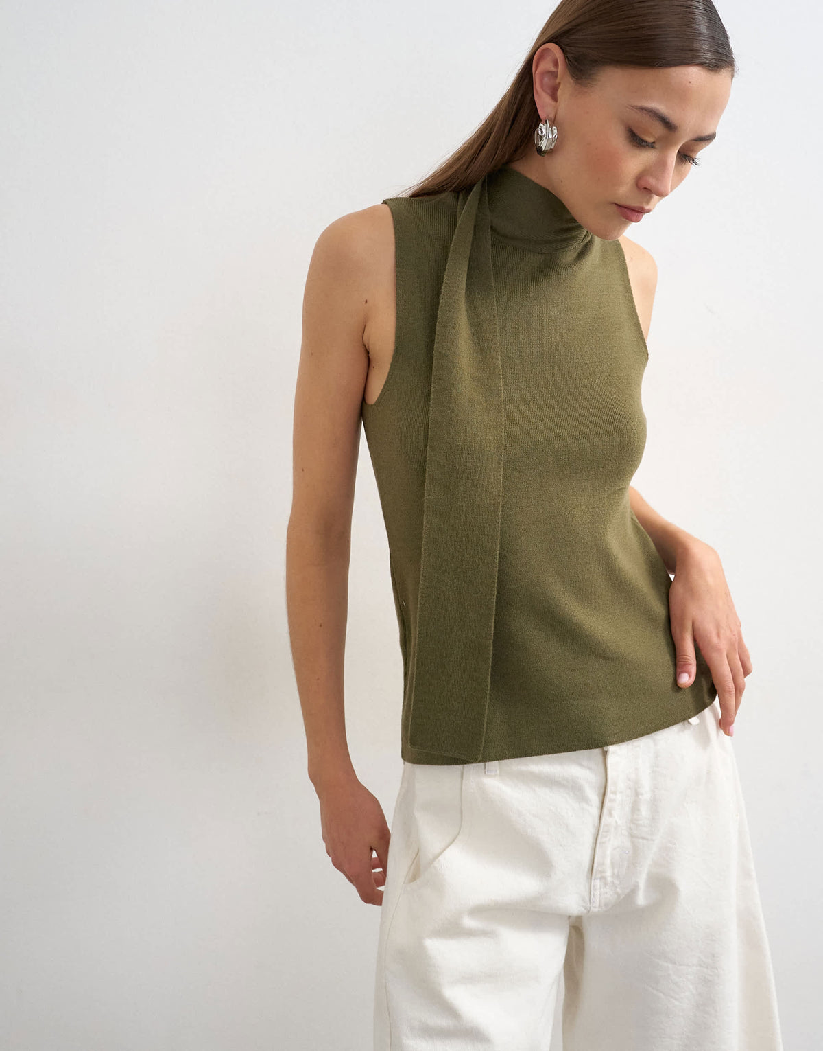 Topshop knitted drape scarf detail top in khaki