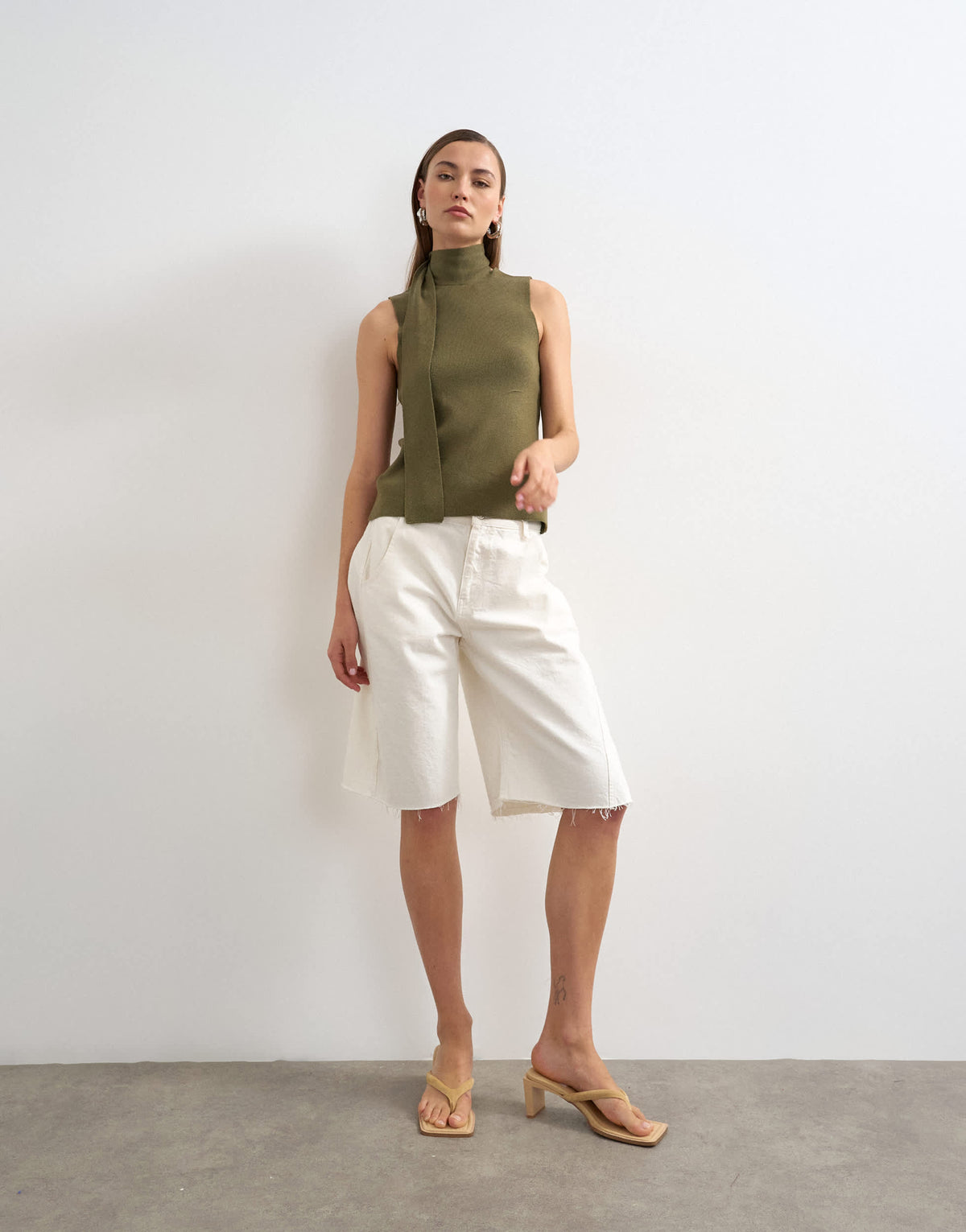 Topshop knitted drape scarf detail top in khaki