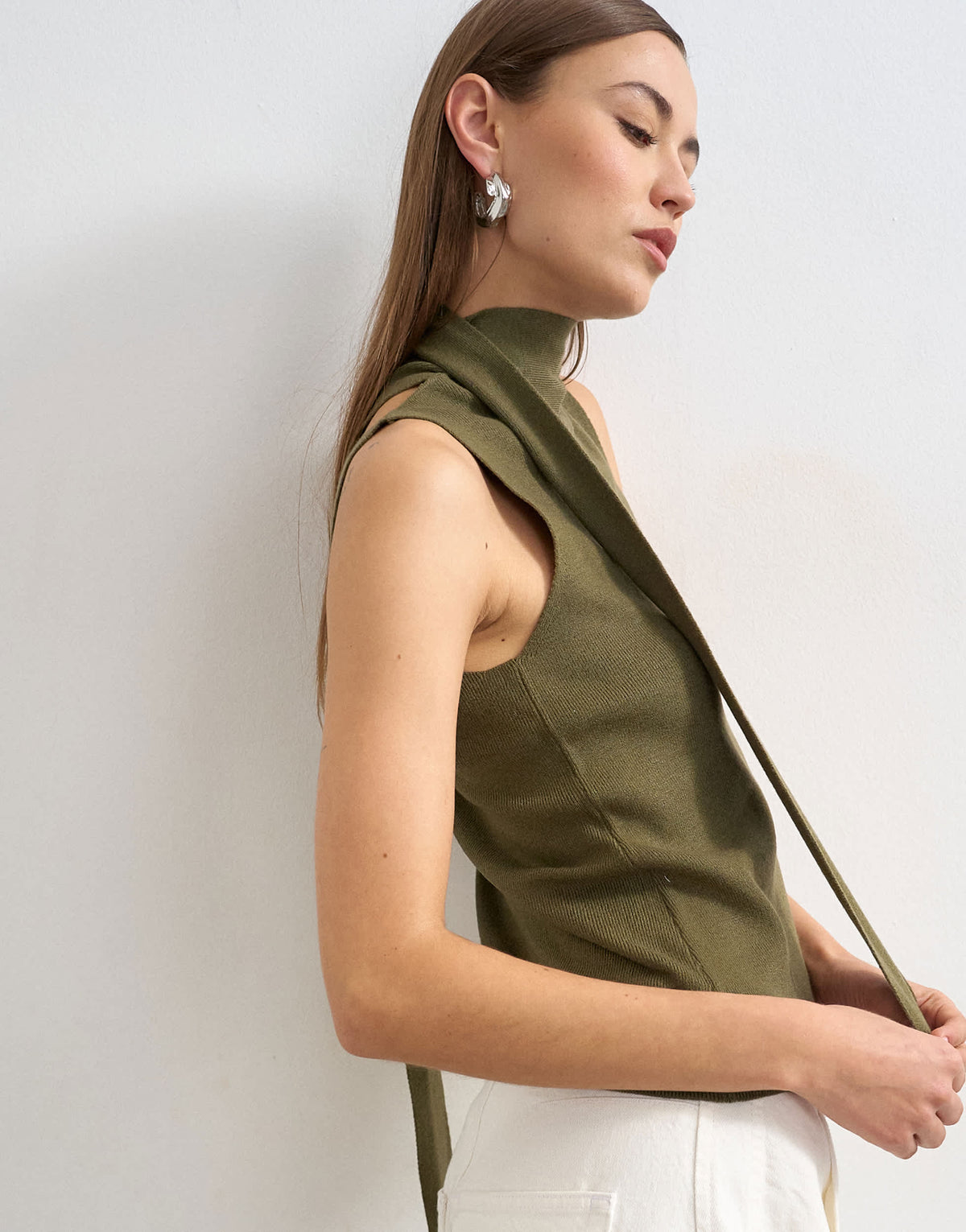 Topshop knitted drape scarf detail top in khaki