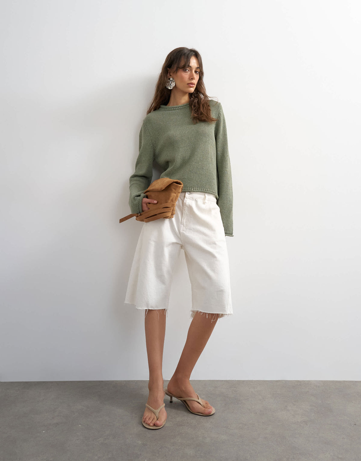 Topshop knitted long sleeve top with roll hem trims in khaki