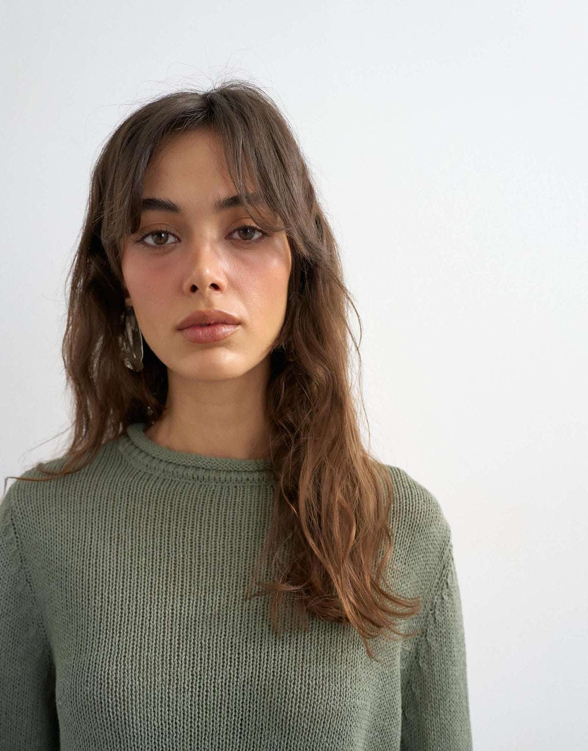 Topshop knitted long sleeve top with roll hem trims in khaki