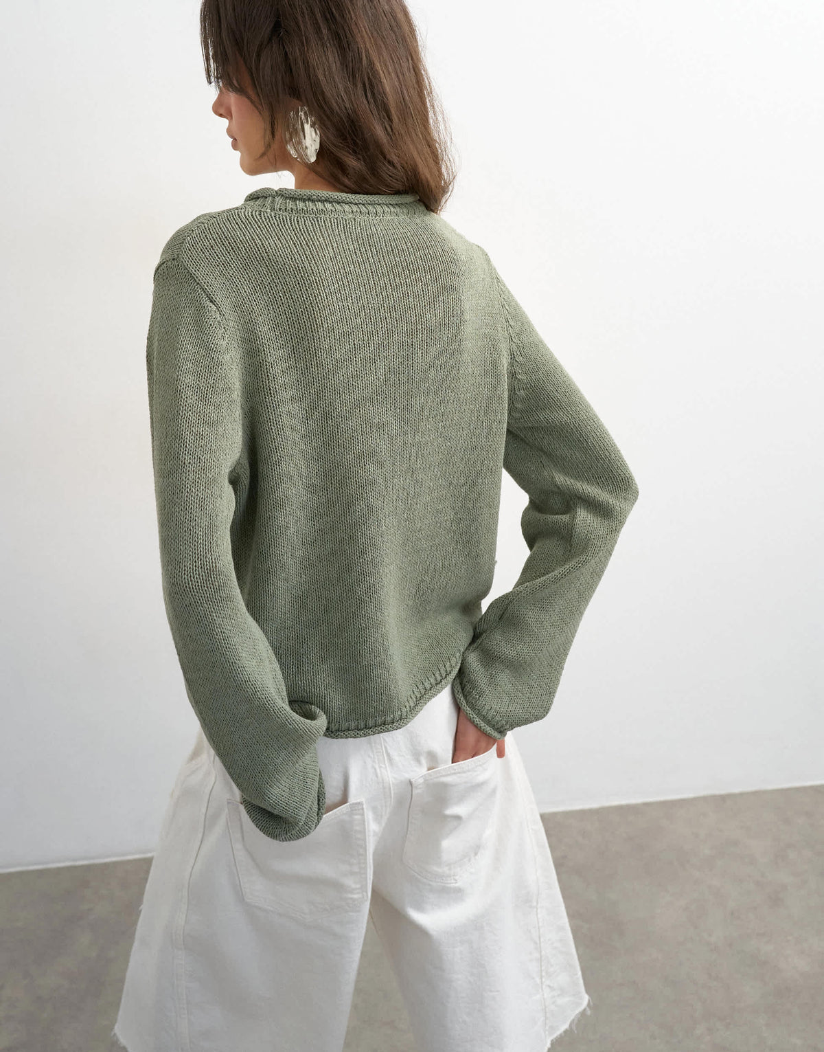 Topshop knitted long sleeve top with roll hem trims in khaki