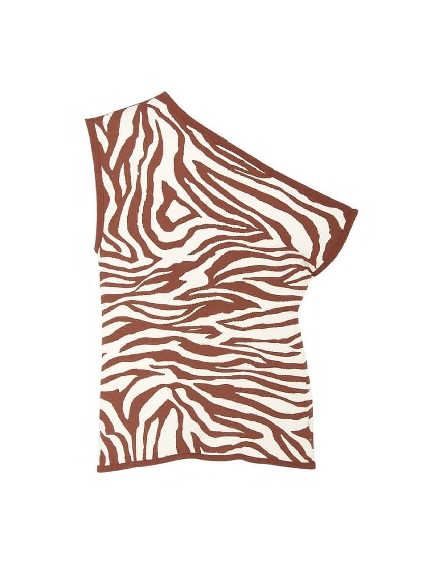 Topshop knitted asymmetric off shoulder animal print top in brown