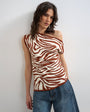 Topshop knitted asymmetric off shoulder animal print top in brown