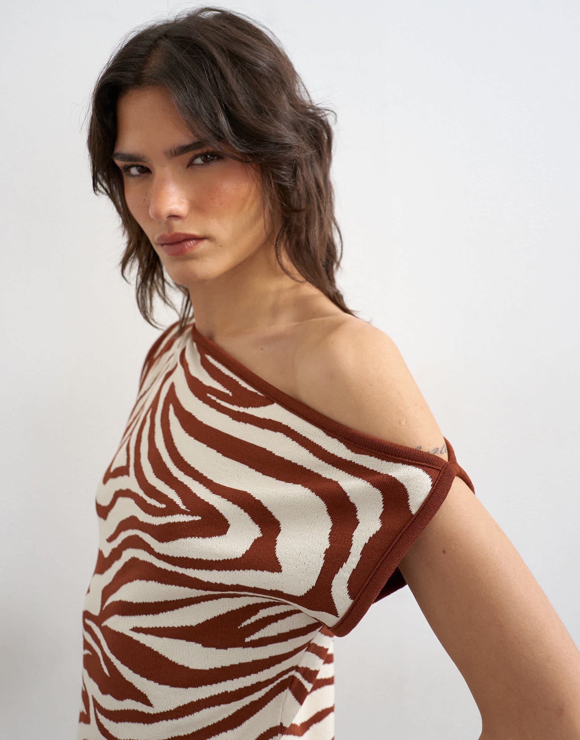 Topshop knitted asymmetric off shoulder animal print top in brown