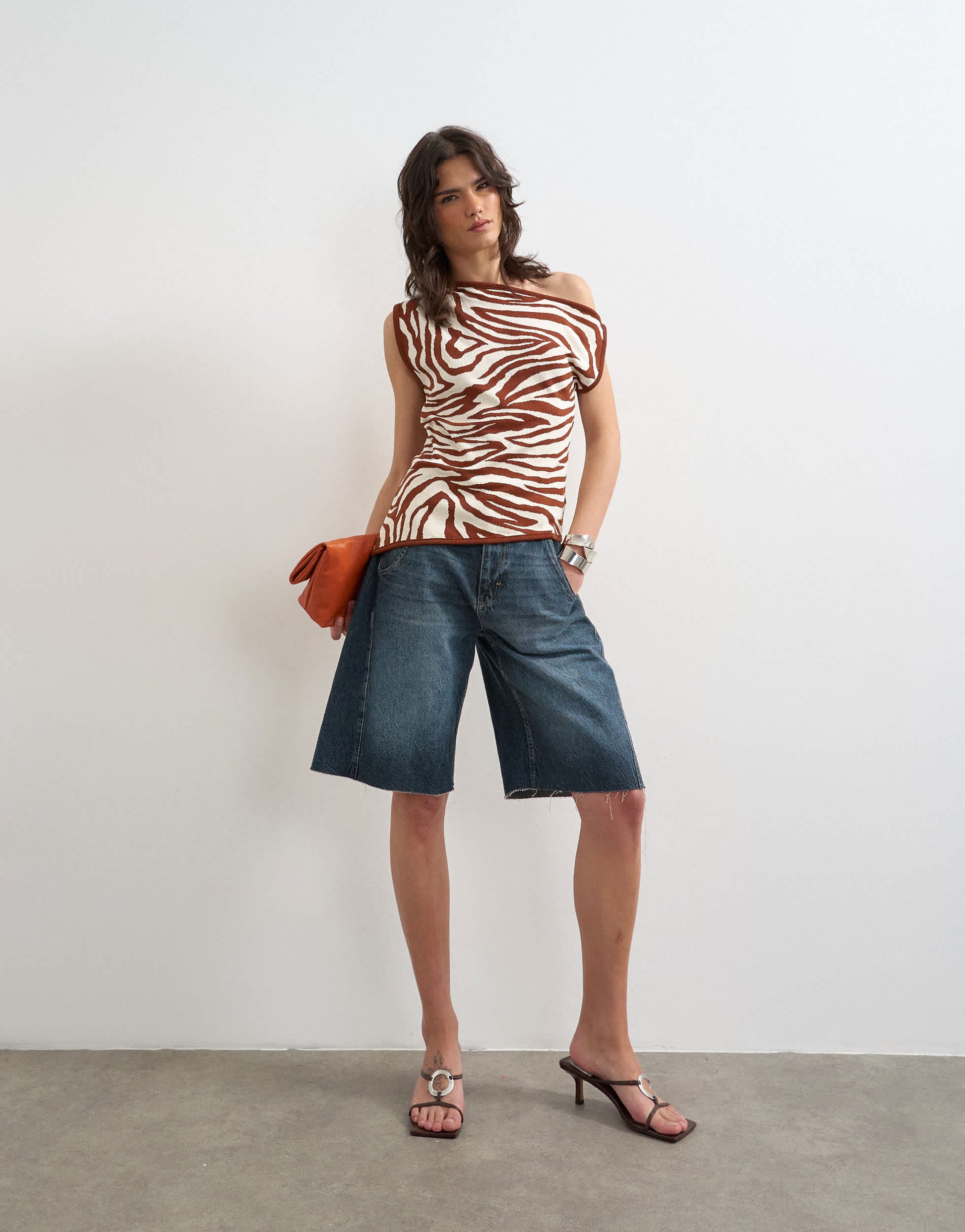 Topshop knitted asymmetric off shoulder animal print top in brown