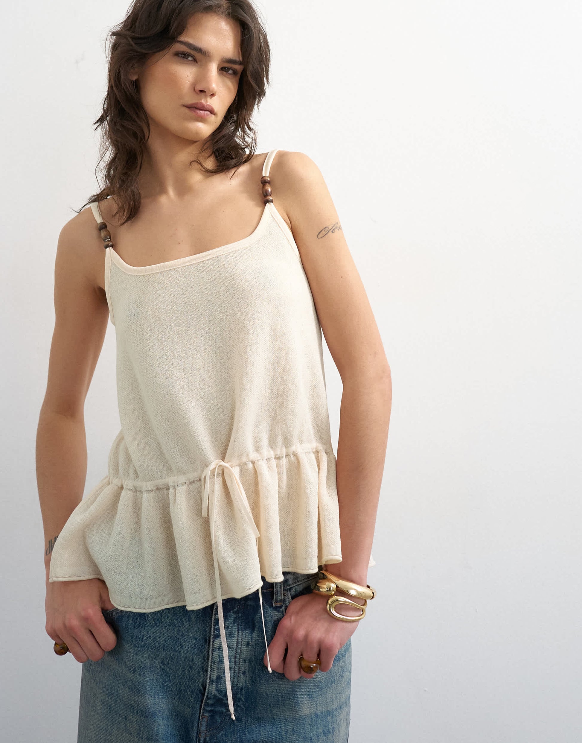 Topshop knitted beaded draw waist peplum tank in ivory