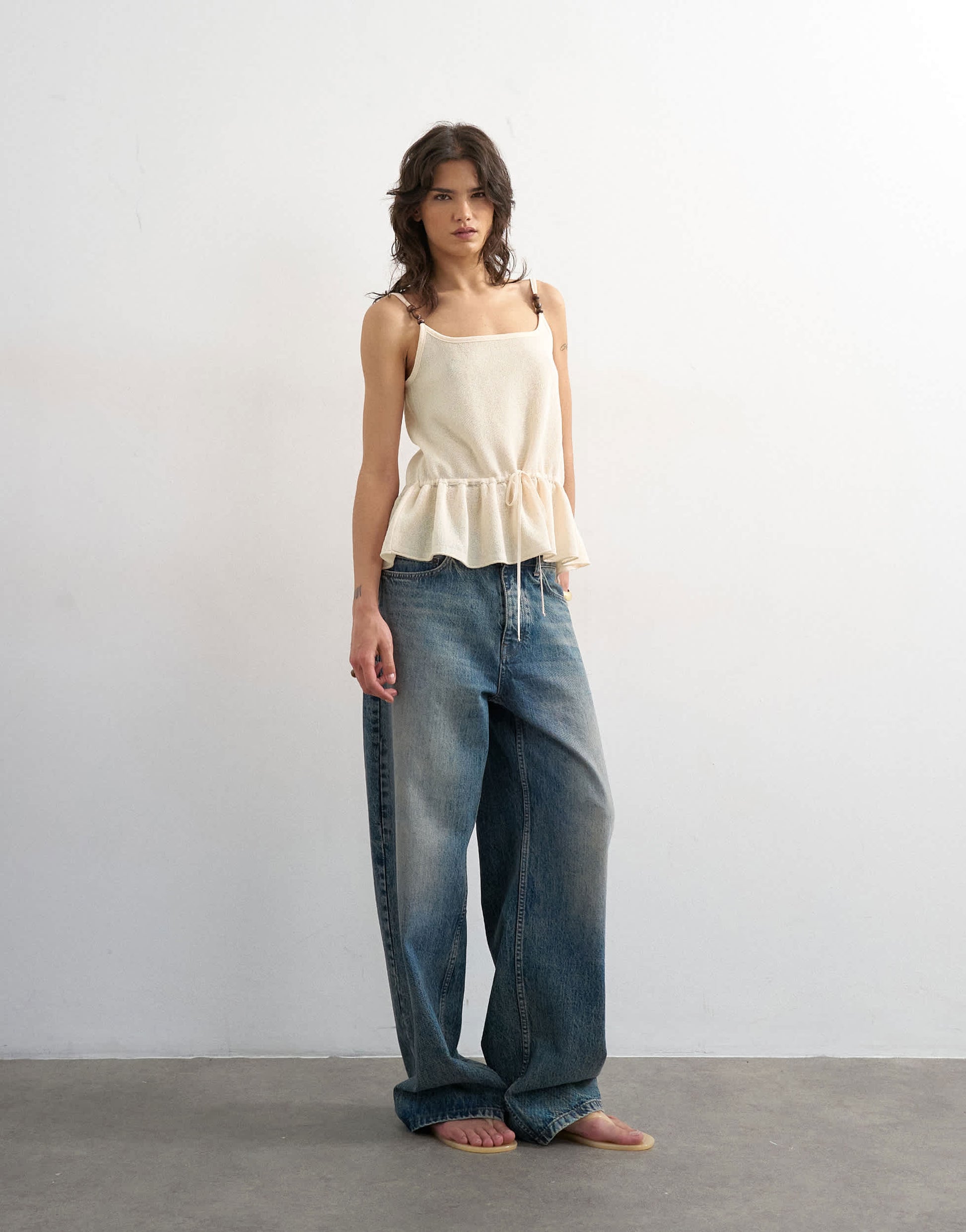 Topshop knitted beaded draw waist peplum tank in ivory