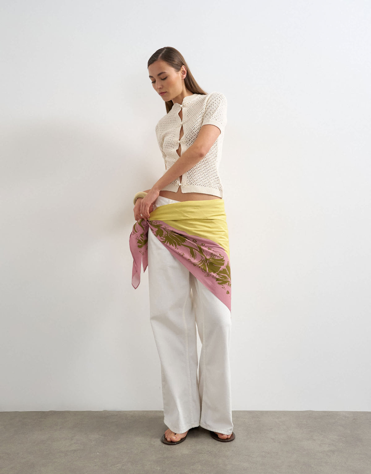 Topshop knitted short sleeve mandarin collar cardigan in ivory