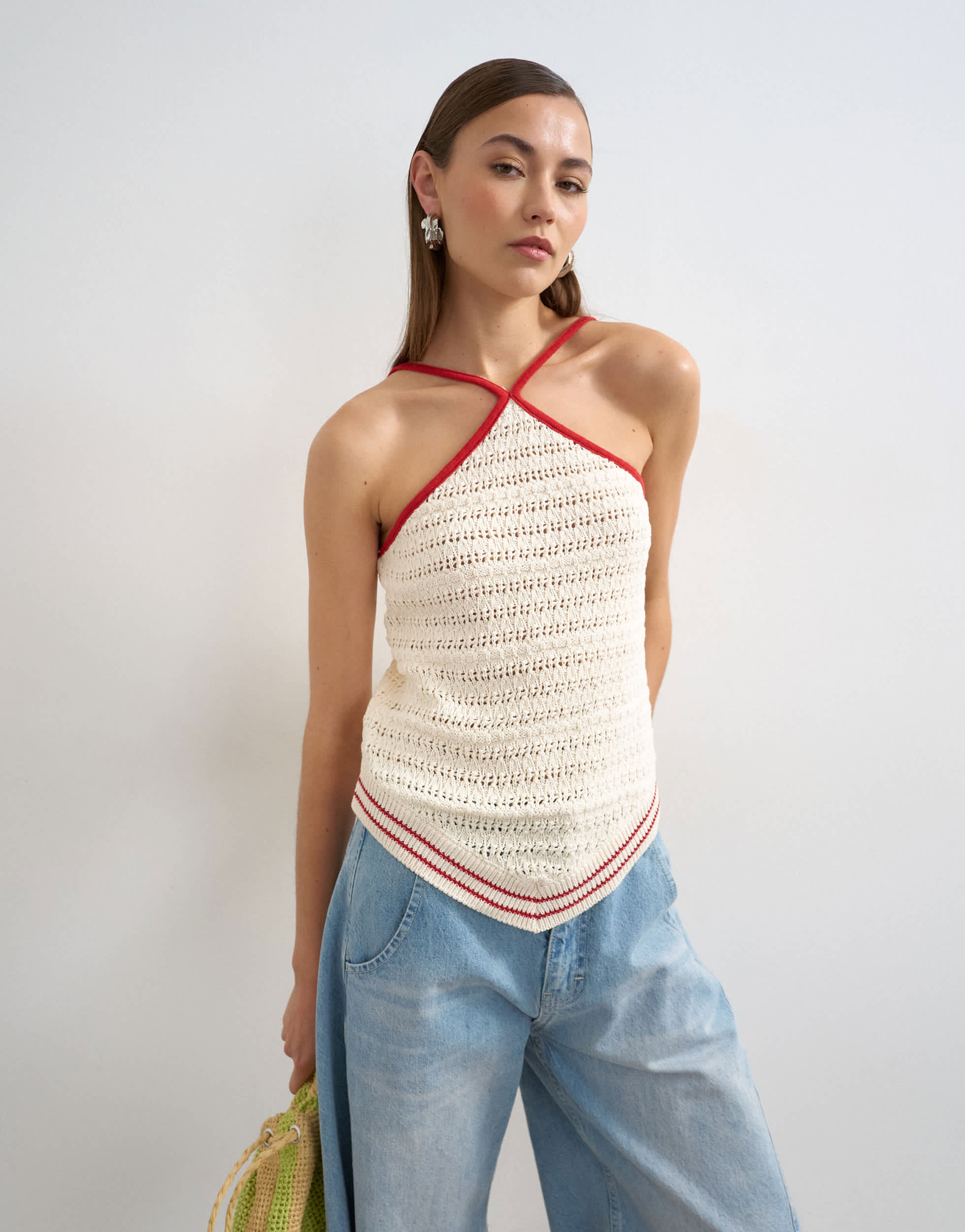 Topshop knitted stitchy halter top in ecru and red