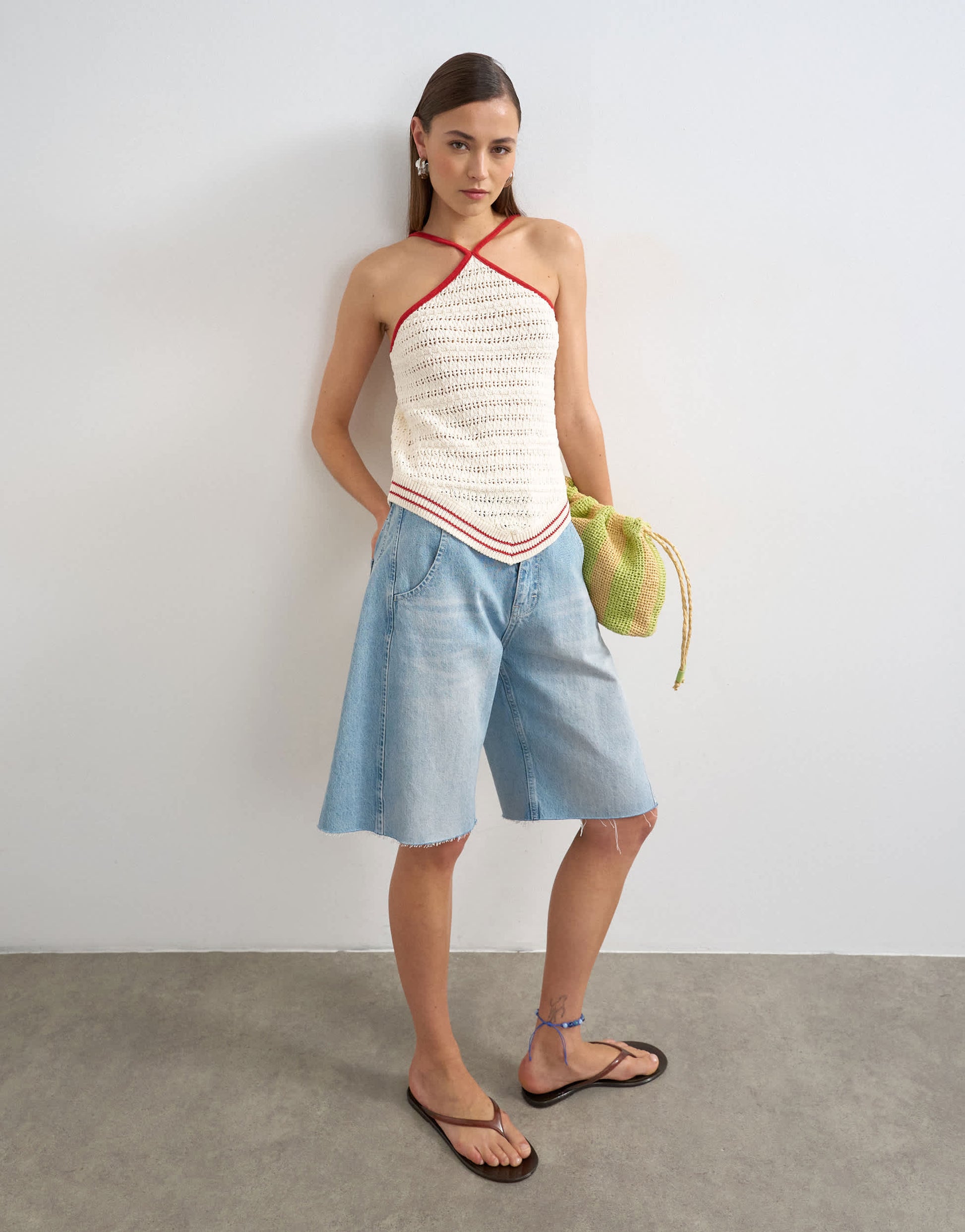 Topshop knitted stitchy halter top in ecru and red