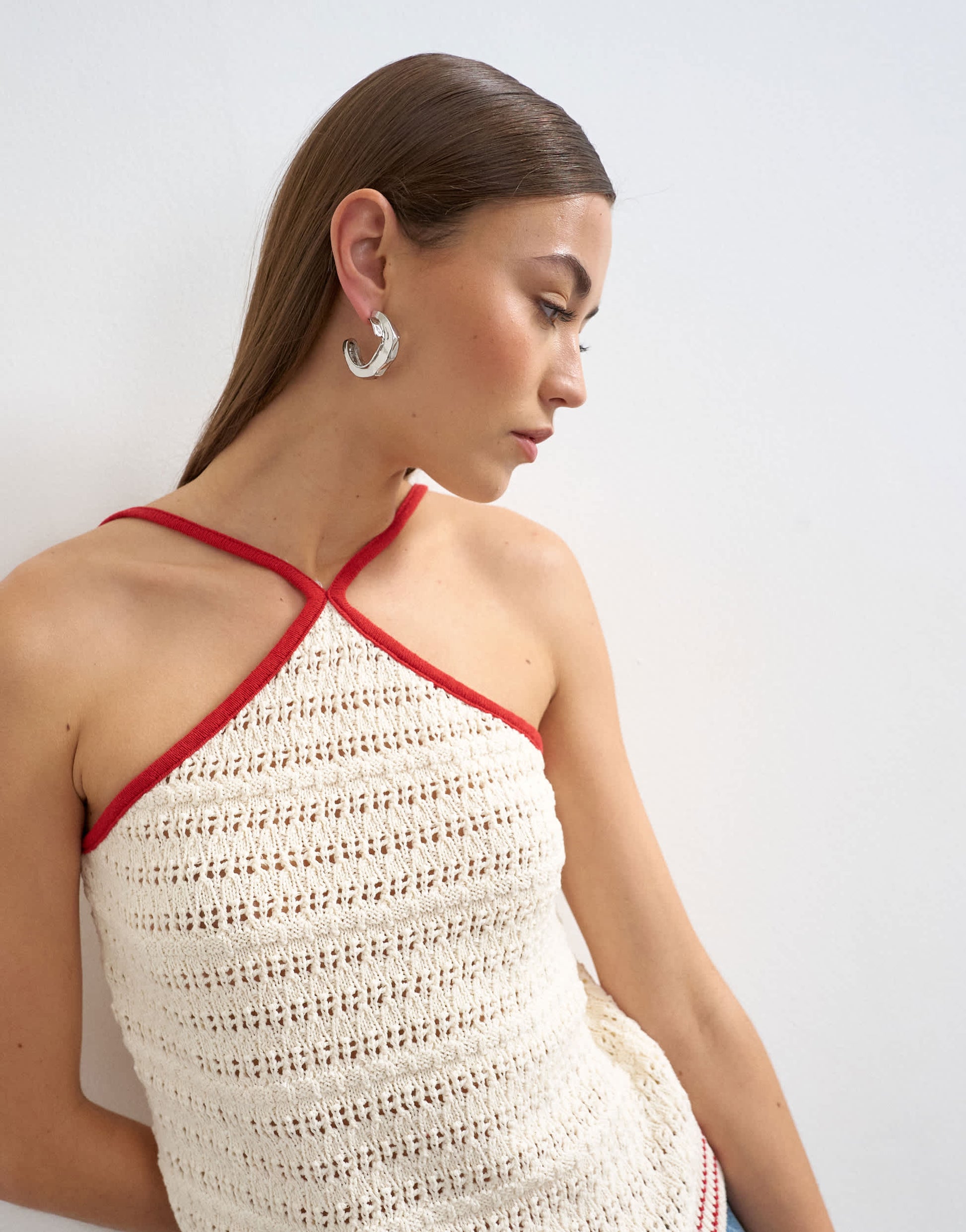Topshop knitted stitchy halter top in ecru and red
