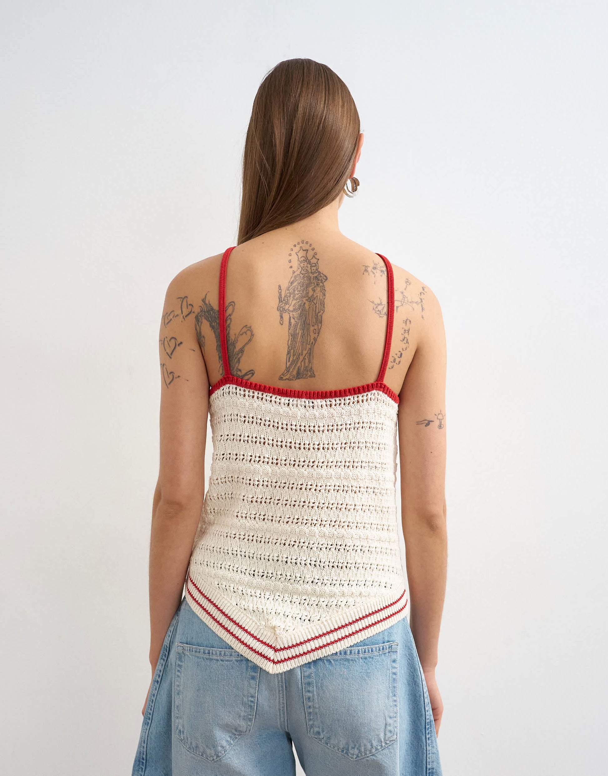 Topshop knitted stitchy halter top in ecru and red