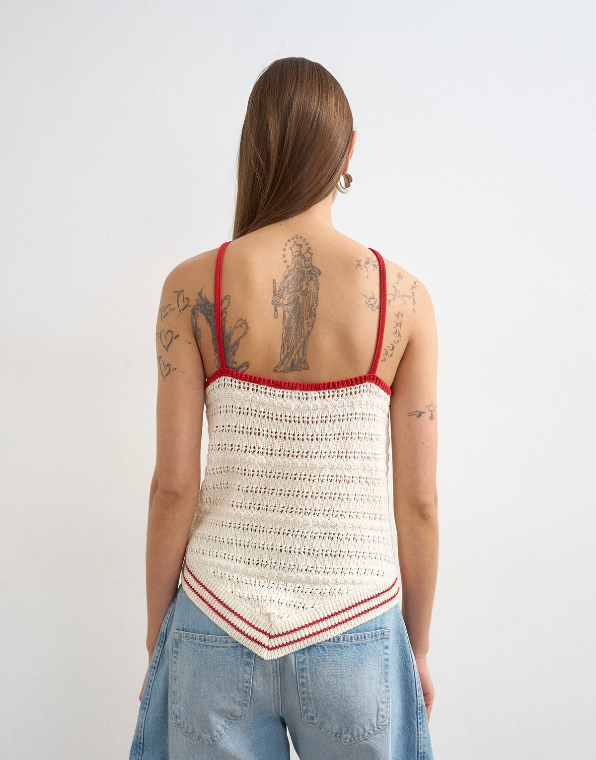 Topshop knitted stitchy halter top in ecru and red