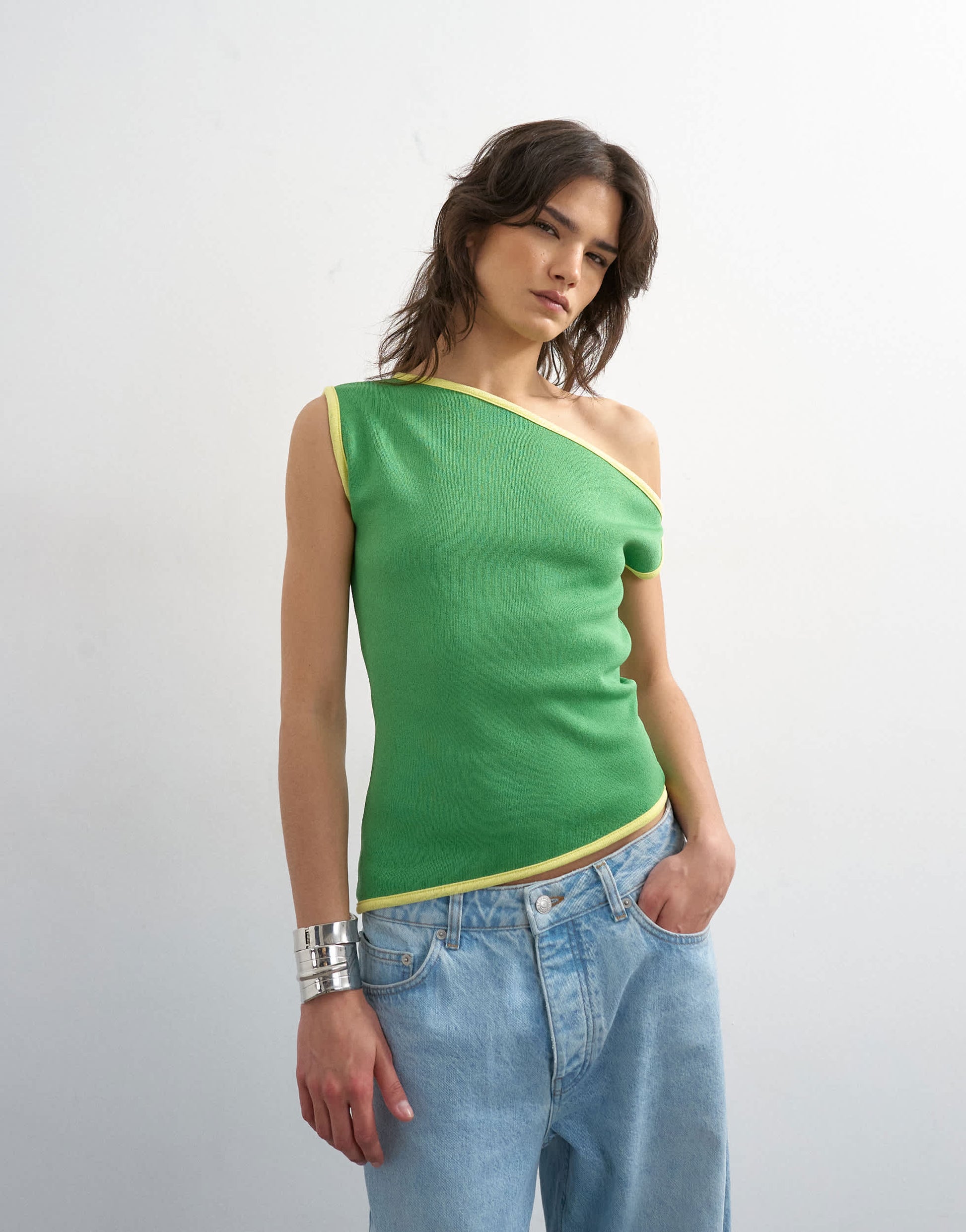 Topshop knitted asymmetric off shoulder top in green