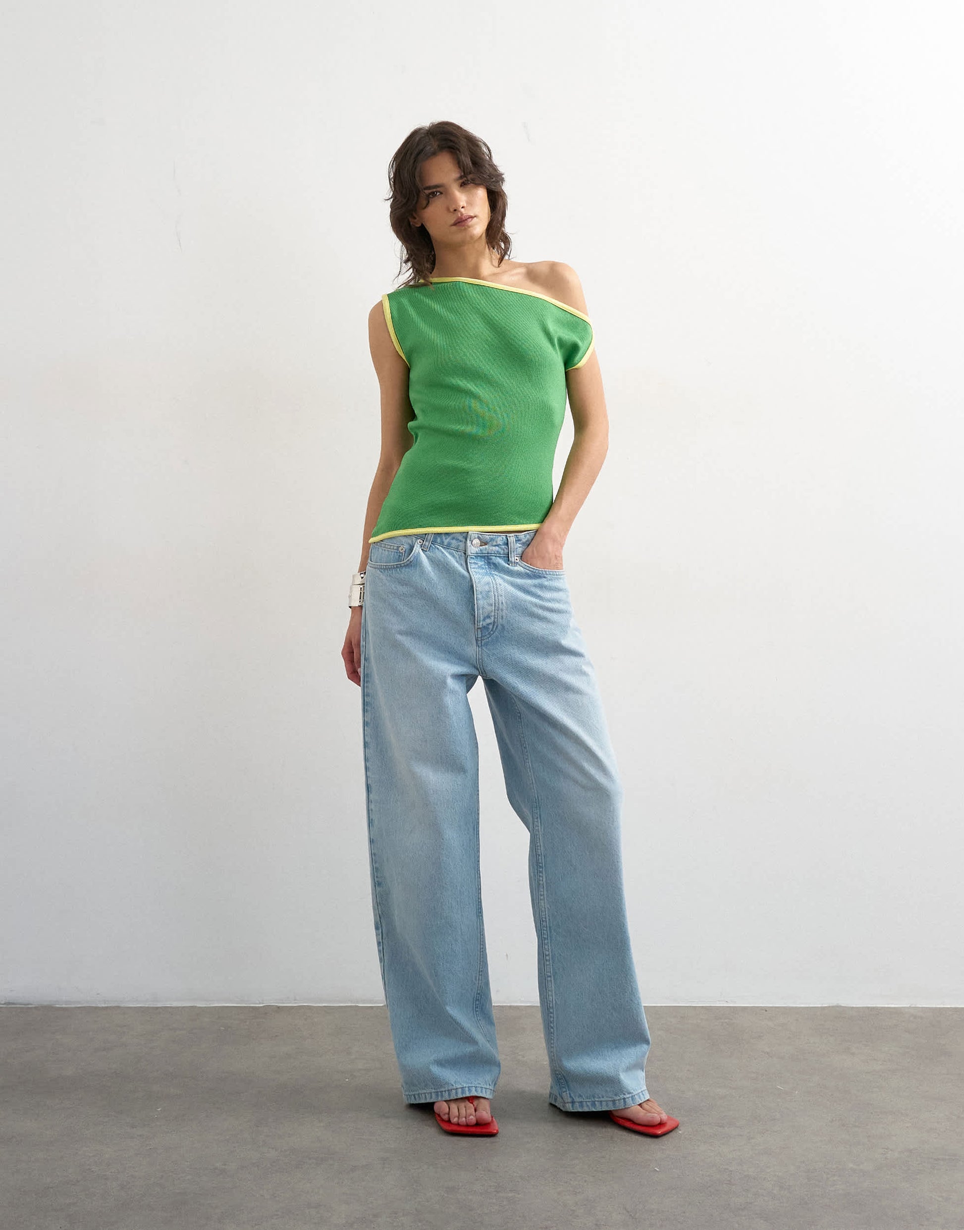 Topshop knitted asymmetric off shoulder top in green